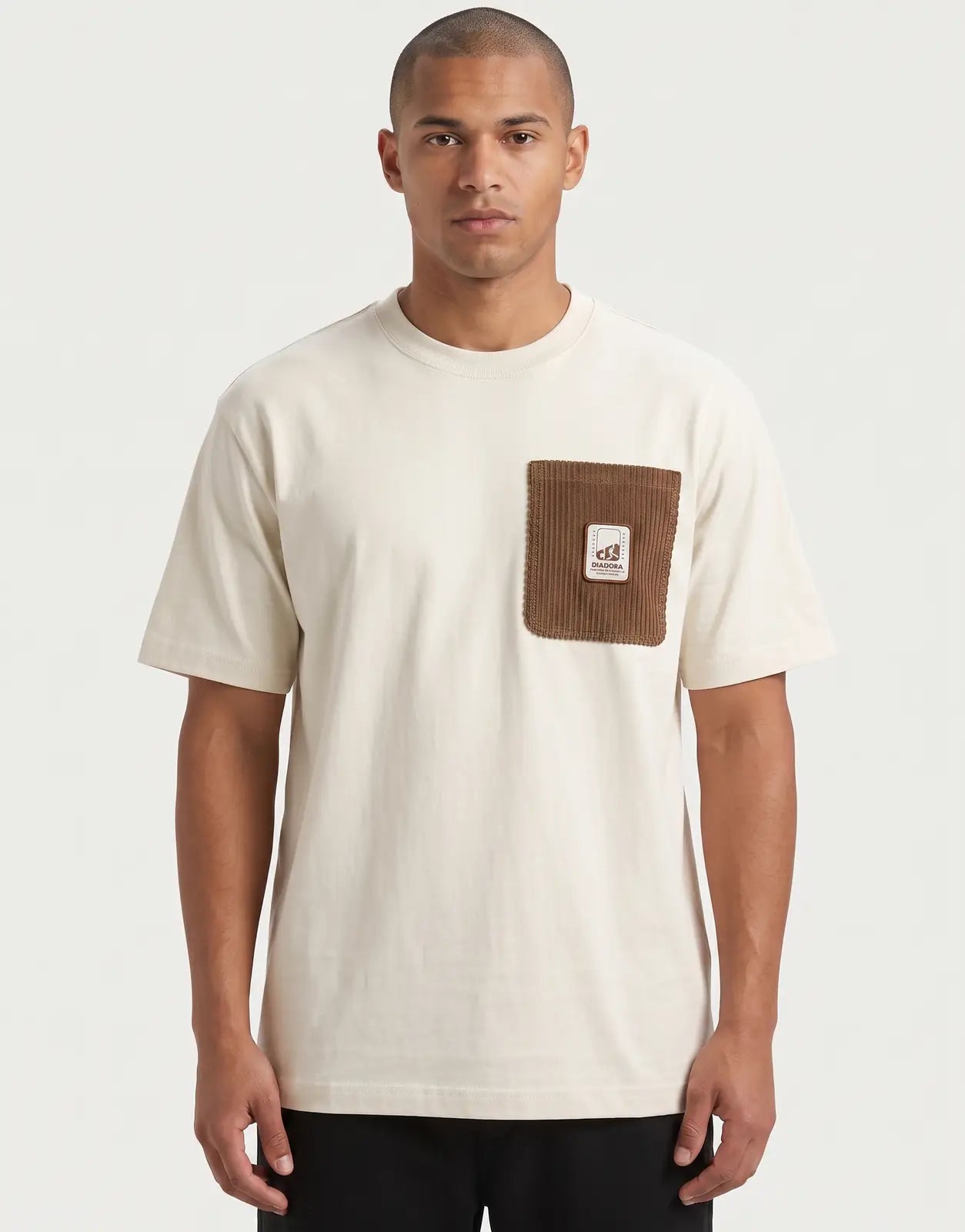 Diadora Nerio Stone Brown T-Shirt for men, an off-white short-sleeve t-shirt with a brown corduroy chest pocket and branded