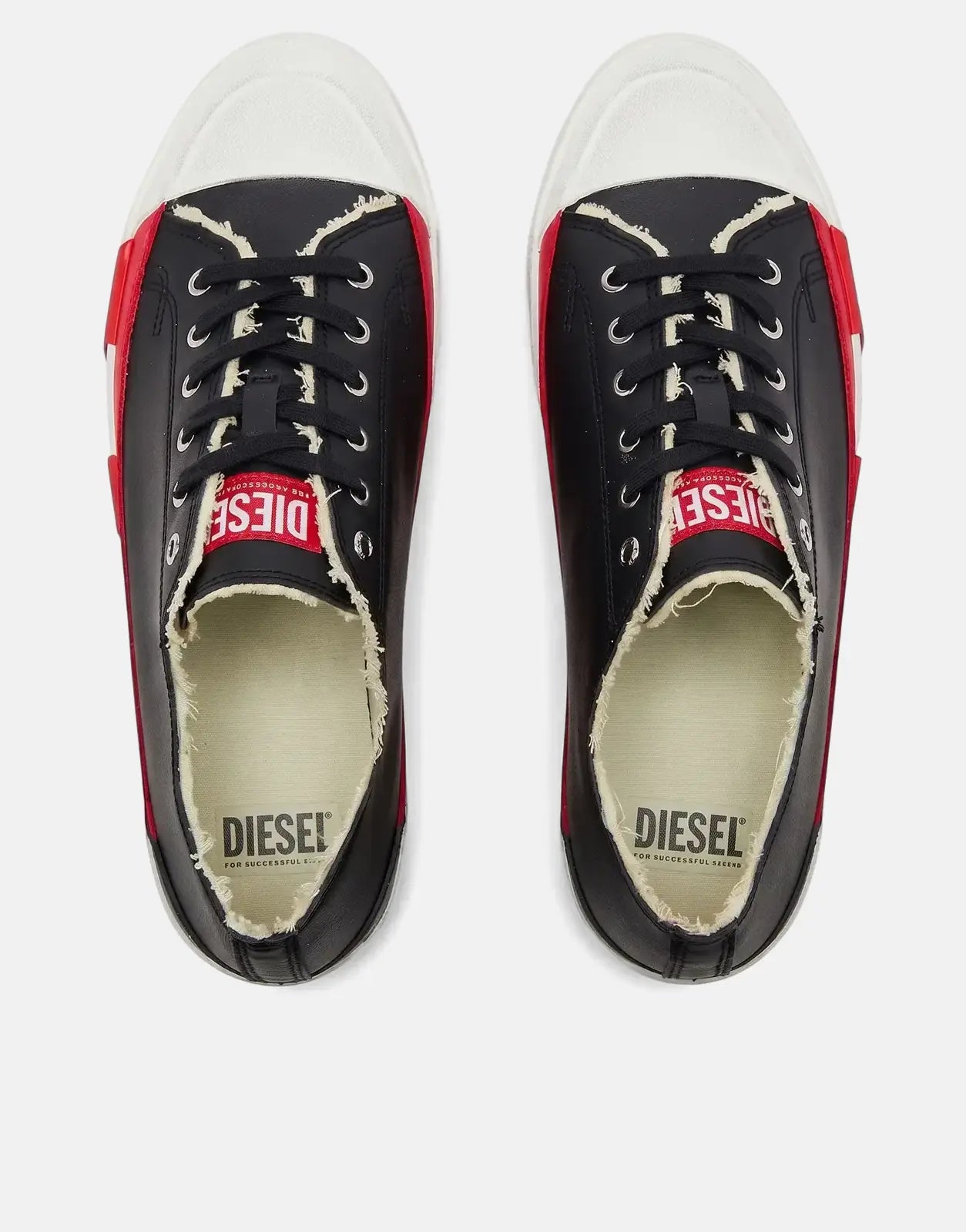 Pair of black and red Diesel D-Verse Low II sneakers, featuring white toe caps, black laces, and distressed edges, viewed