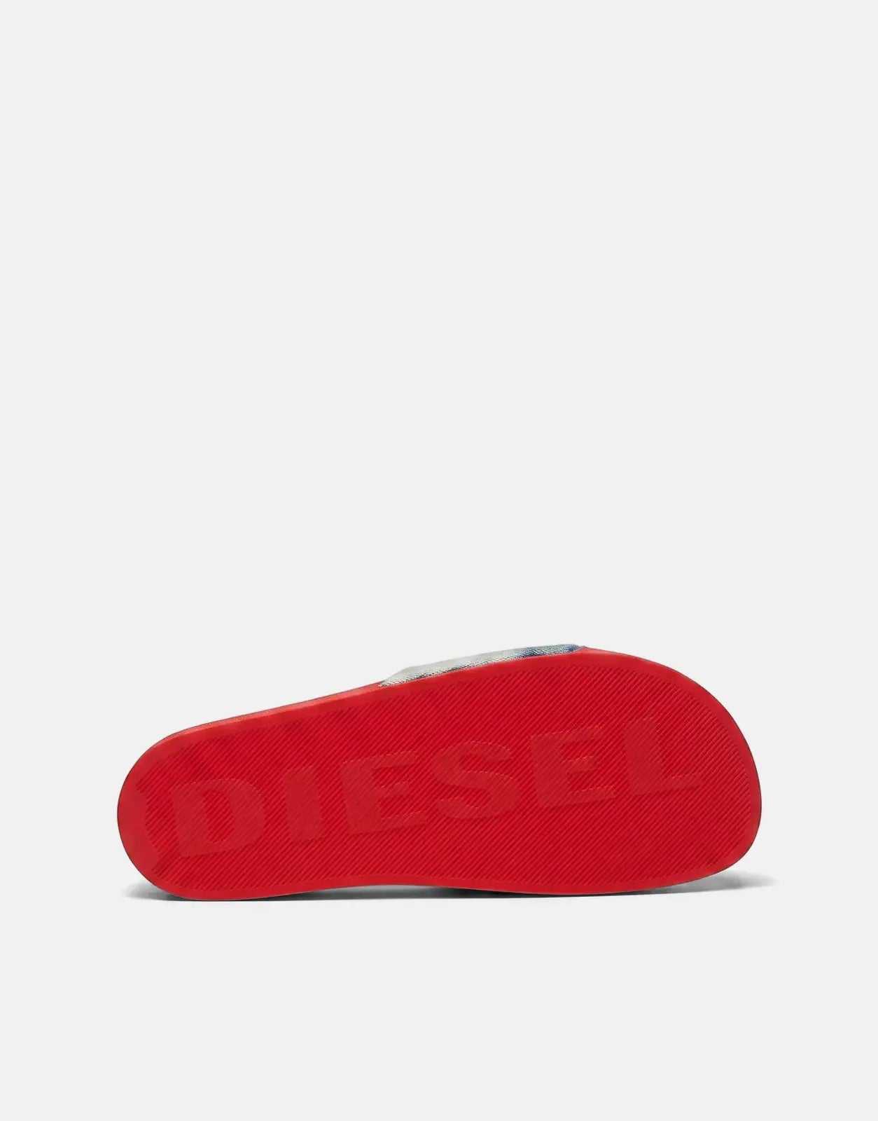 Diesel Mayemi SA Denim Sandals HB226 shown in bottom view with bright red rubber sole and textured tread.