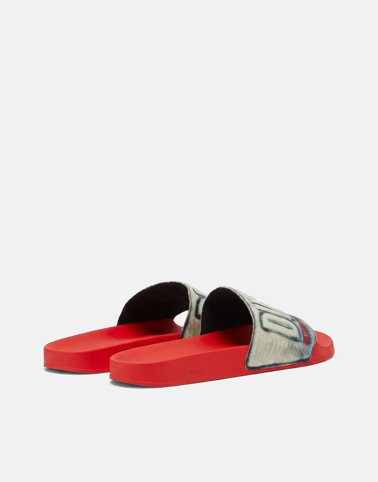 Diesel Mayemi SA Denim Sandals HB226 with light denim logo strap and bright red slide sole, side view.