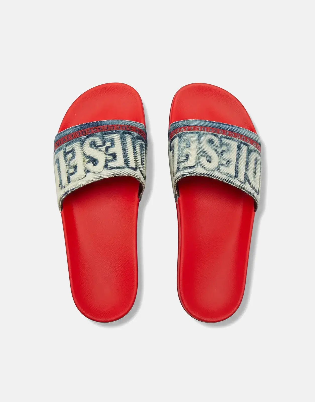 Diesel Mayemi SA denim sandals with red soles and blue denim straps featuring the white Diesel logo, presented from a