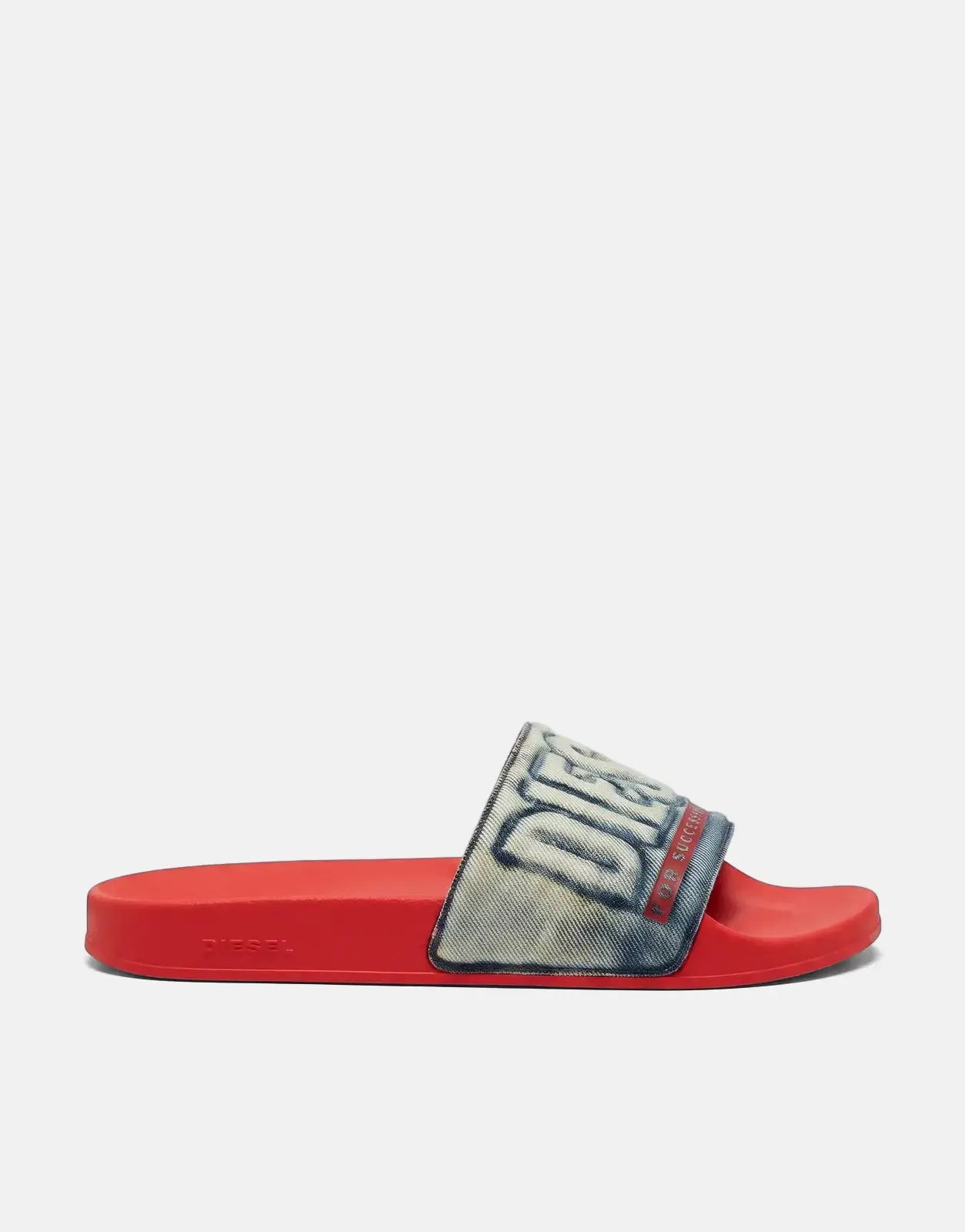 Diesel Mayemi SA Denim Sandals with a red sole and distressed blue denim strap, shown in a side view.