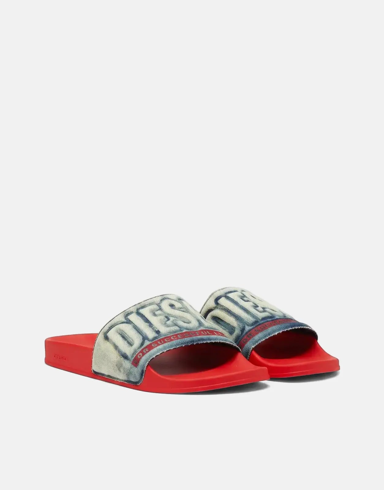 Red Diesel Mayemi SA denim sandals with branded straps, featuring the 'DIESEL' logo and 'FOR SUCCESSFUL LIVING' text.