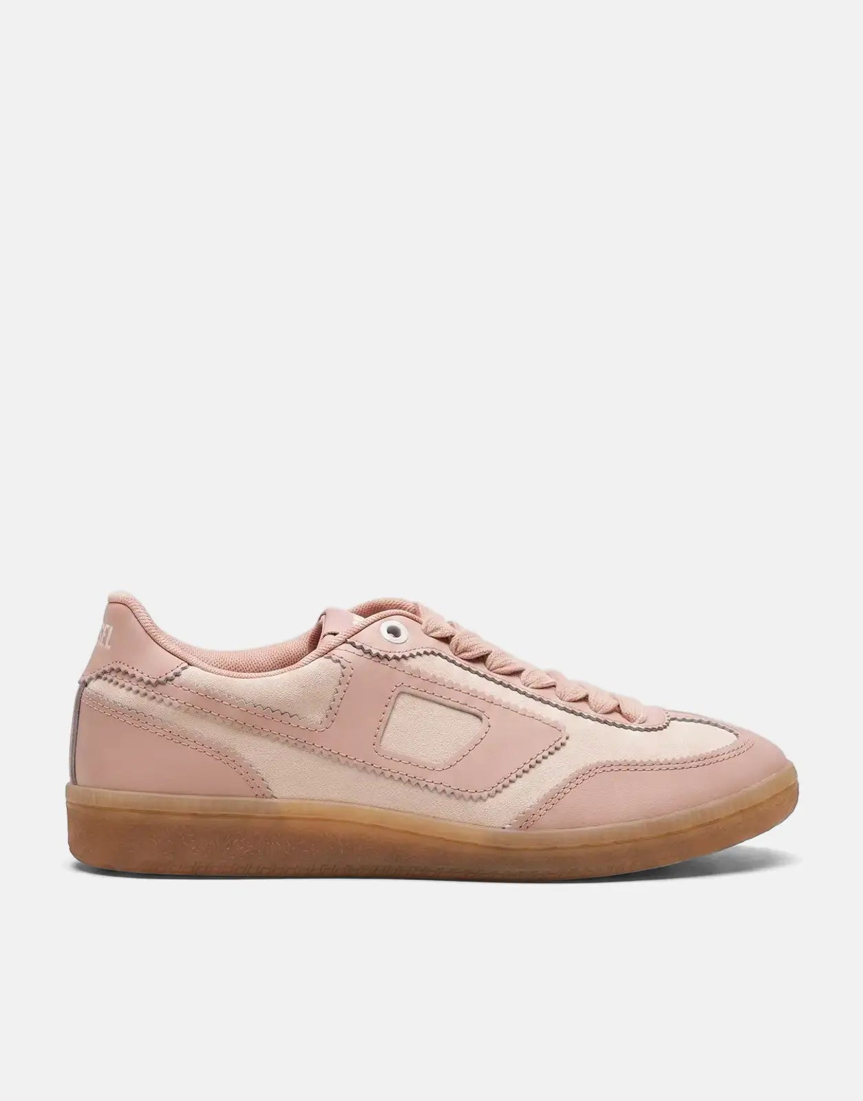 Diesel S-D-Matcha Low Sneakers in pink and beige with a brown gum sole, shown from a side profile view.