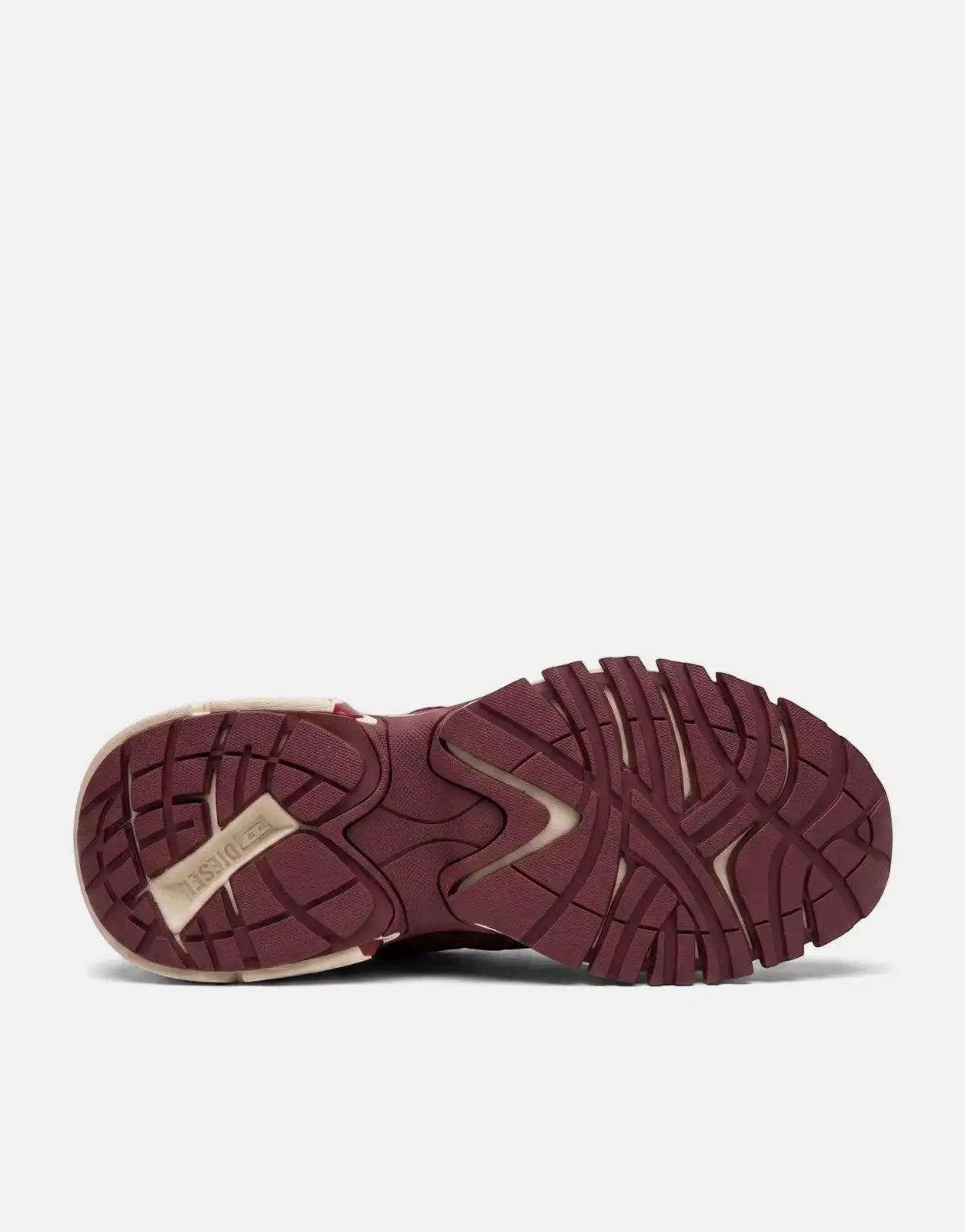Maroon and cream Diesel S-Pro V-Dense Low sneaker, bottom sole view showing the detailed tread pattern and 'DIESEL' branding.