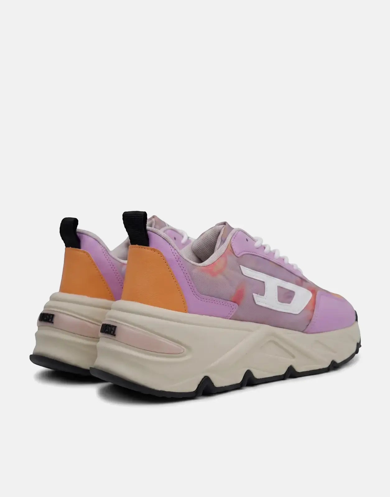 Diesel S-Savannah Tulu Sneakers HB578, featuring a pink and orange upper with a chunky beige sole, viewed from the rear.