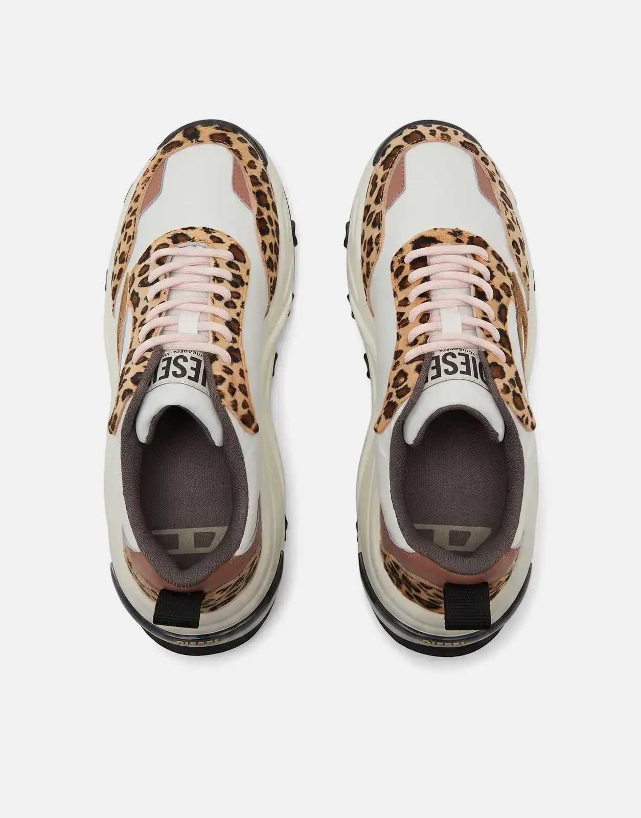 Overhead view of Diesel Savannah Tulu Sneakers HB224, featuring white uppers, leopard print panels, and pink laces.