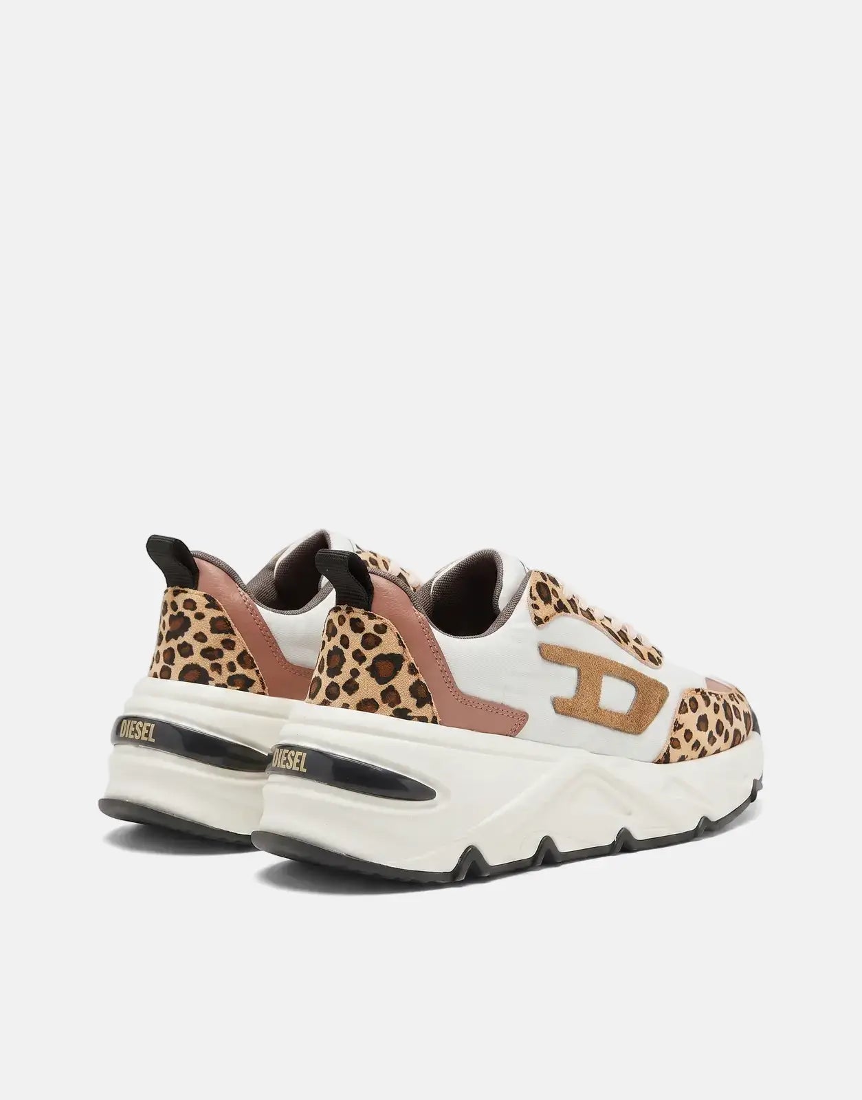 Diesel Savannah Tulu Sneakers HB224 in white with leopard print accents and a chunky sole, shown from a rear perspective.