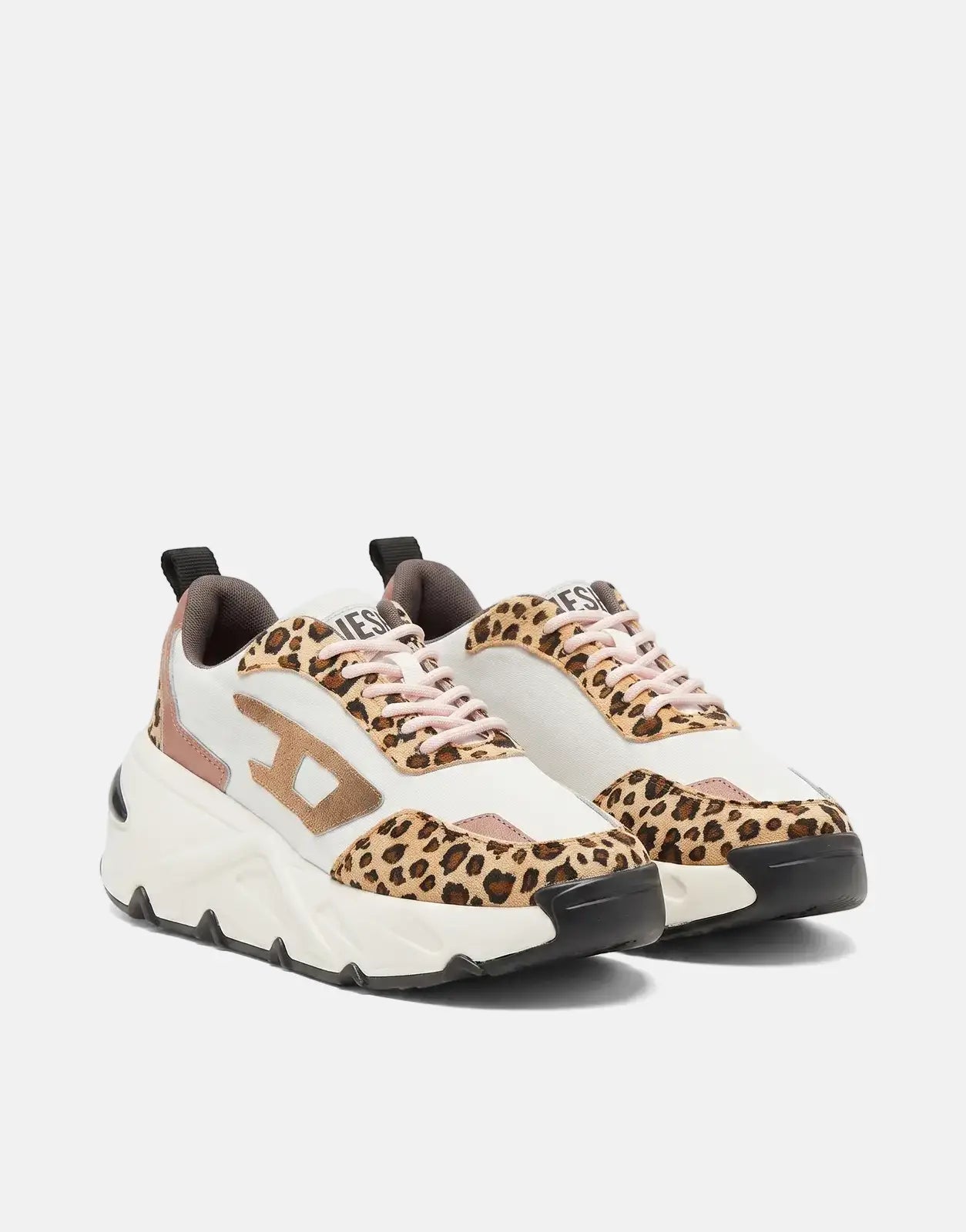 A pair of Diesel Savannah Tulu Sneakers HB224 featuring a white base with stylish leopard print panels and rose gold