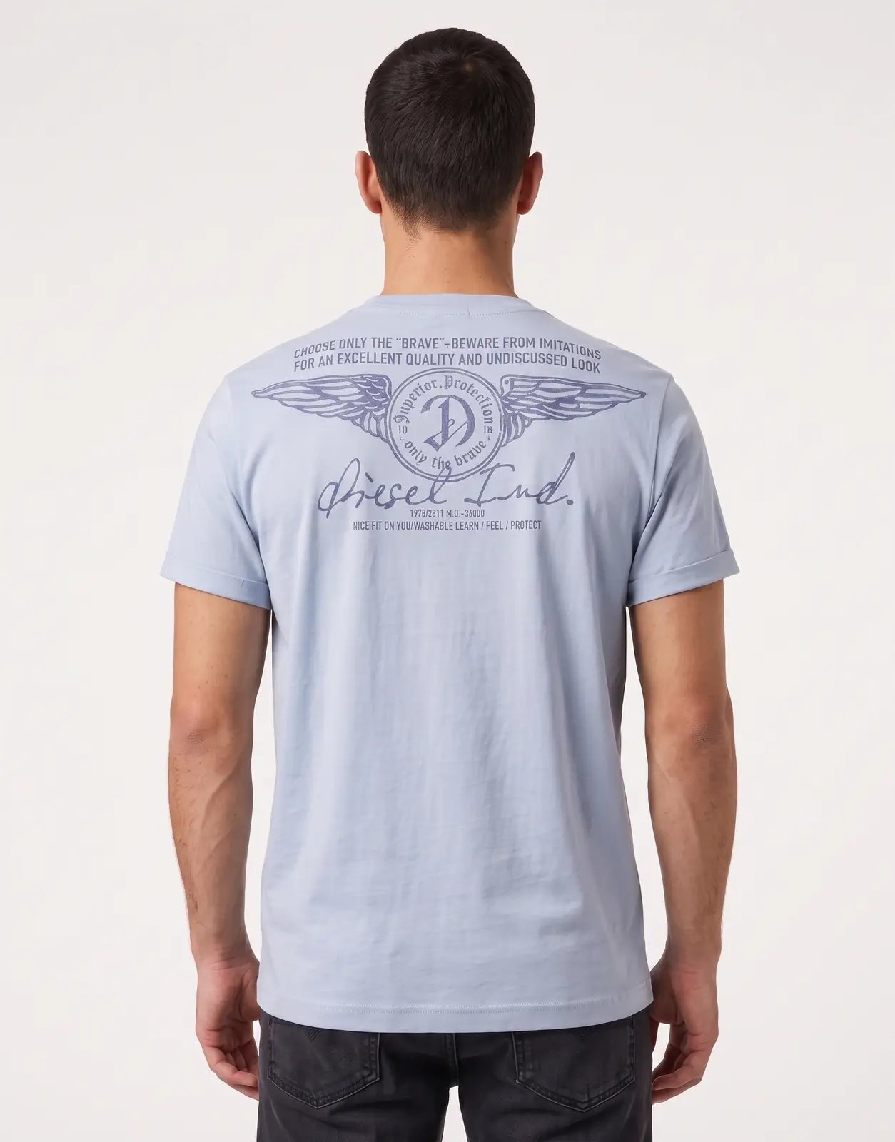 Back view of a men's light blue Diesel T-Adjust V11 Regular T-Shirt 85X with an indigo blue graphic print.
