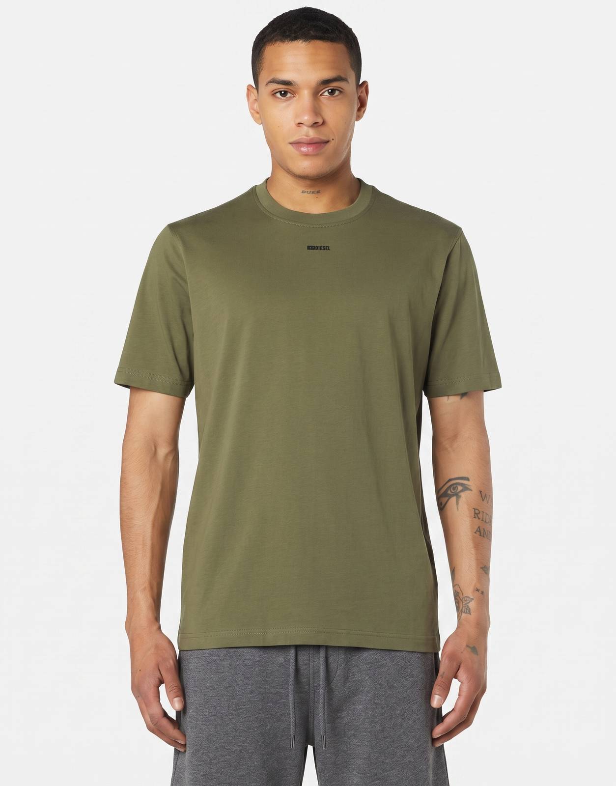 Front view of men's Diesel T-Adjust V6 Regular T-Shirt 51F in olive green with a crew neck and short sleeves.