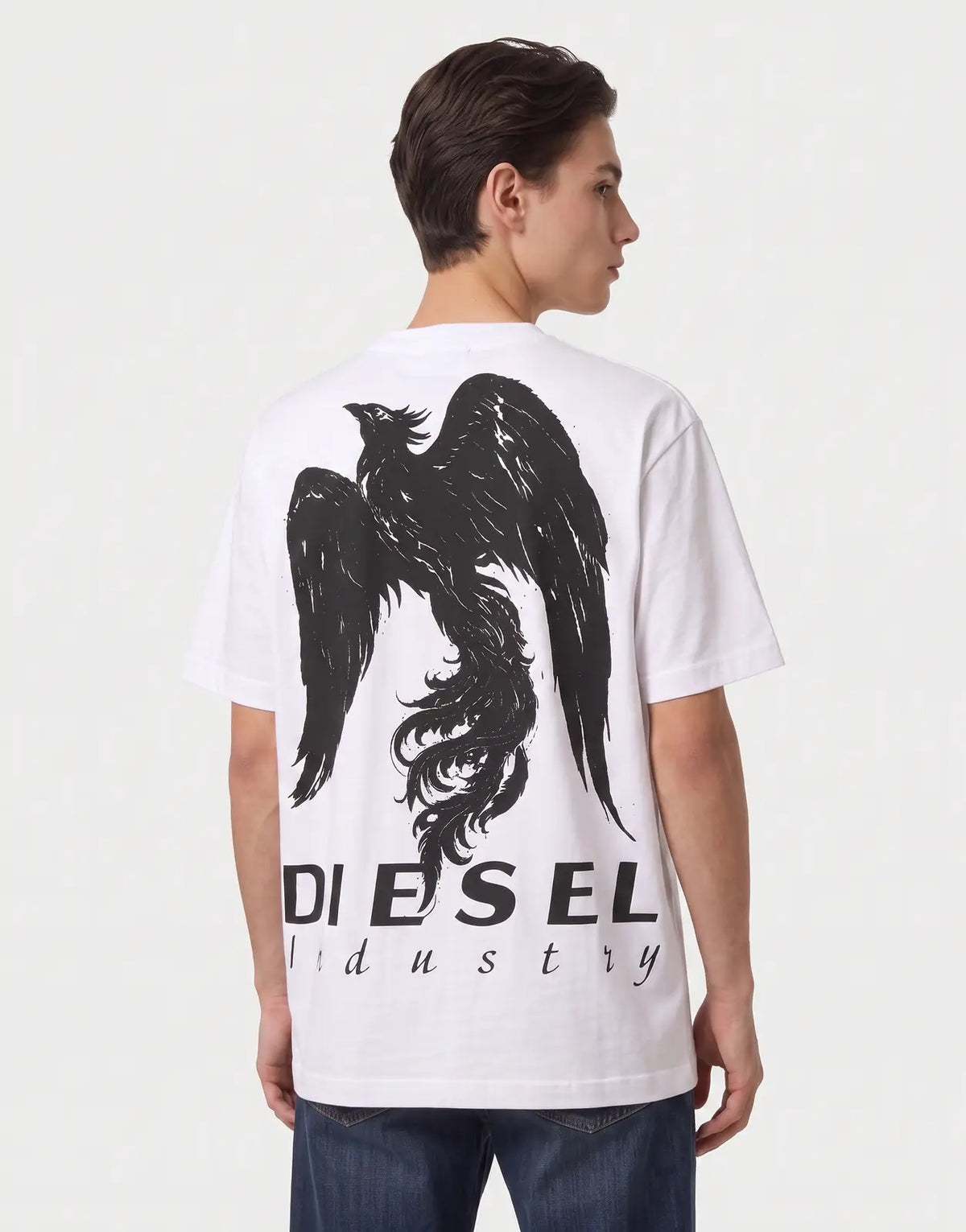 Diesel T-Boggy V3 T-Shirt 100, white, with a black phoenix graphic and 'DIESEL Industry' text on the back, worn by a male