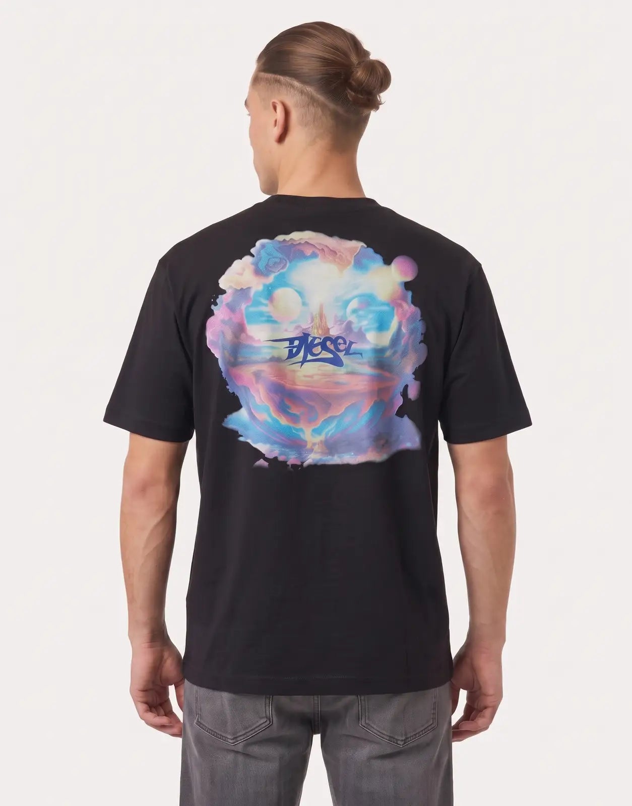 Black Diesel T-Boggy V5 T-shirt for men, featuring a vibrant, abstract landscape graphic print on the back.