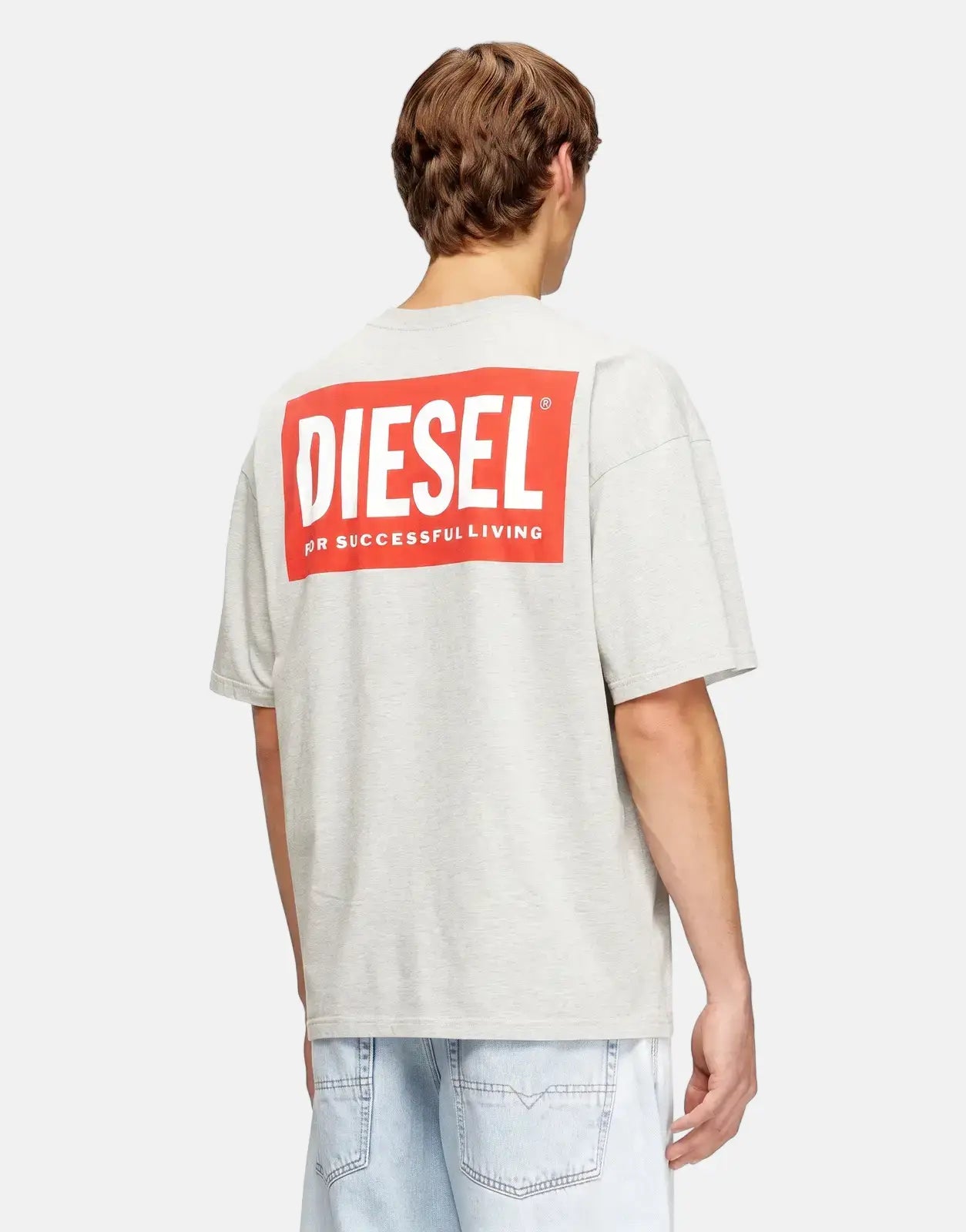 Male model from the back, wearing a light grey Diesel T-Boxt Bisk Relaxed T-Shirt with a red logo print and light blue denim
