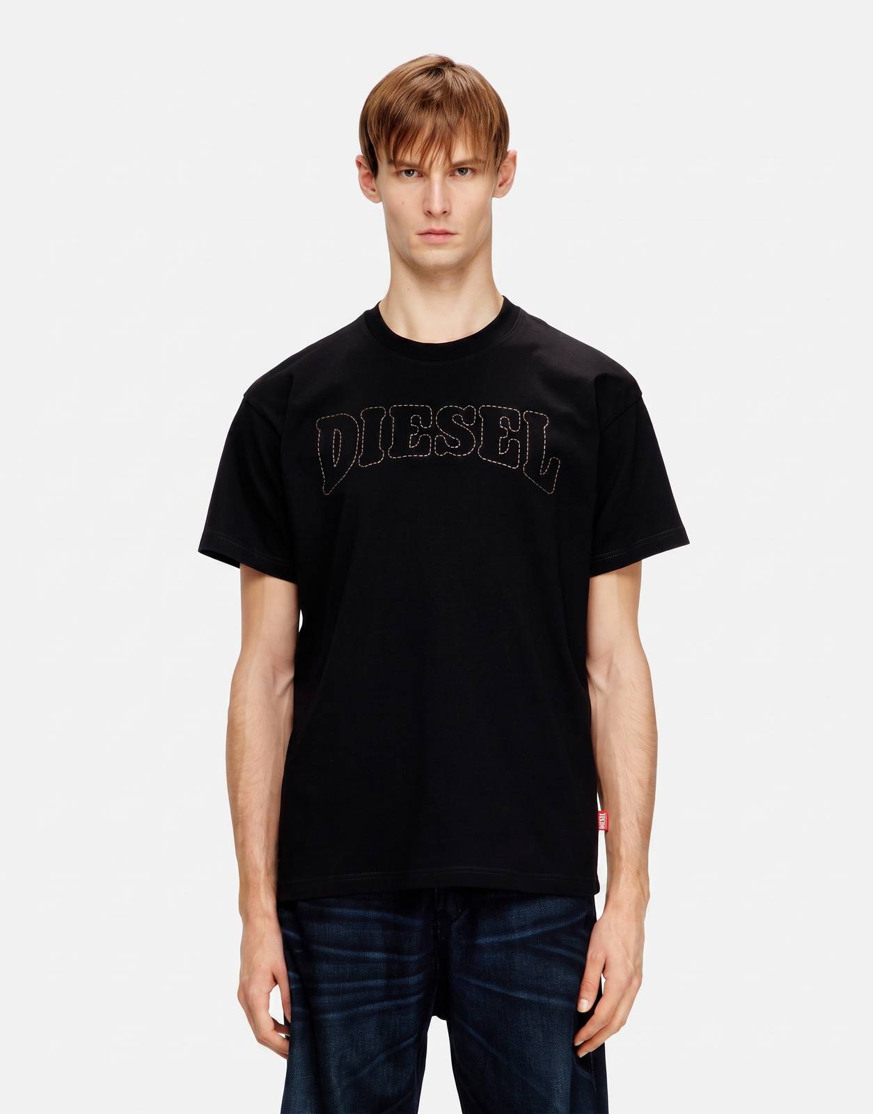 Front view of a black Diesel T-Norm V10 Regular T-Shirt with a white embroidered 'DIESEL' logo across the chest.