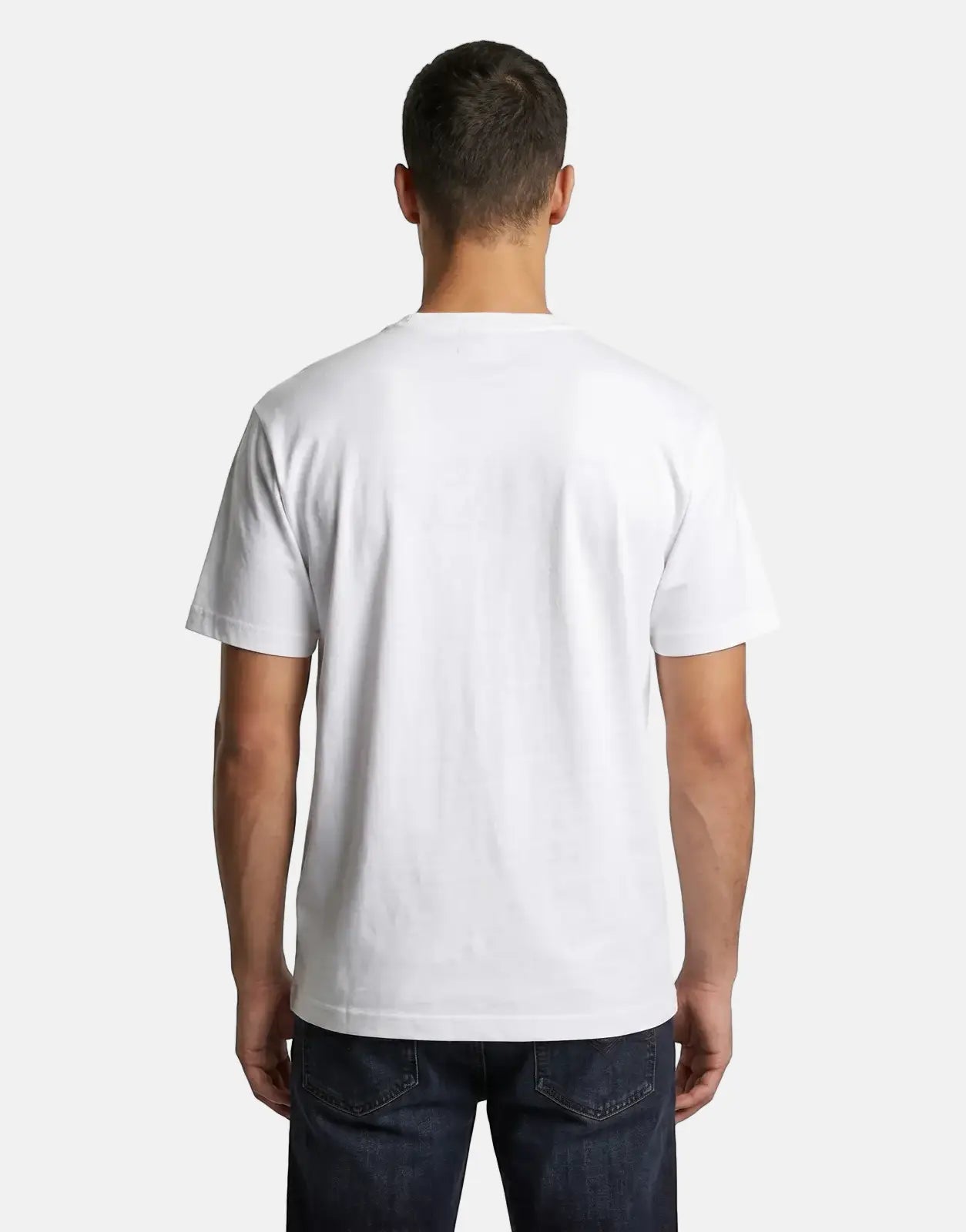 Back view of a man wearing a plain white Diesel T-Norm V10 Regular T-Shirt, showcasing its classic fit and short sleeves