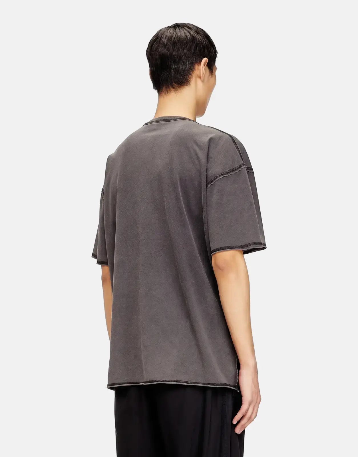 Diesel T-Rawboxt relaxed fit t-shirt in dark grey, featuring a washed look, worn by a model from the back.