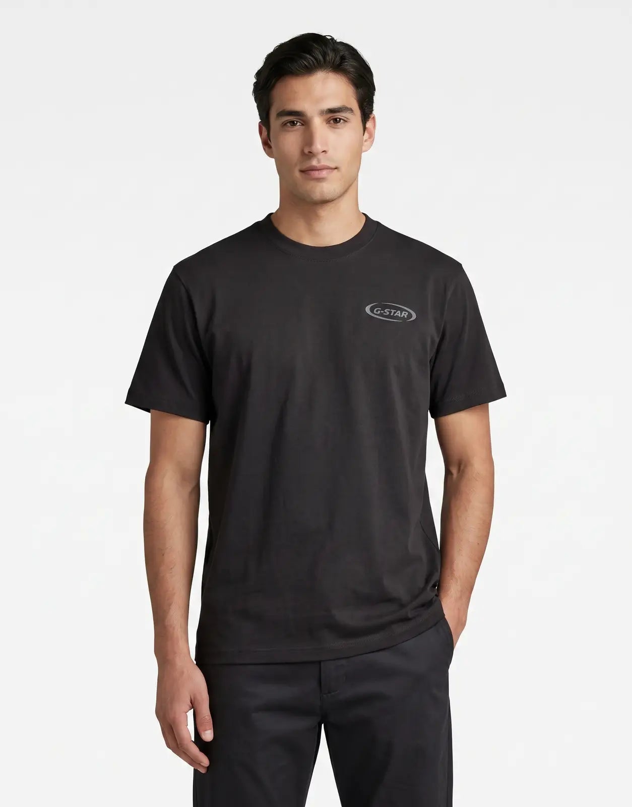 A black G-Star RAW 90s Logo T-Shirt for men, featuring a crew neck, short sleeves, and an oval G-Star logo on the chest,