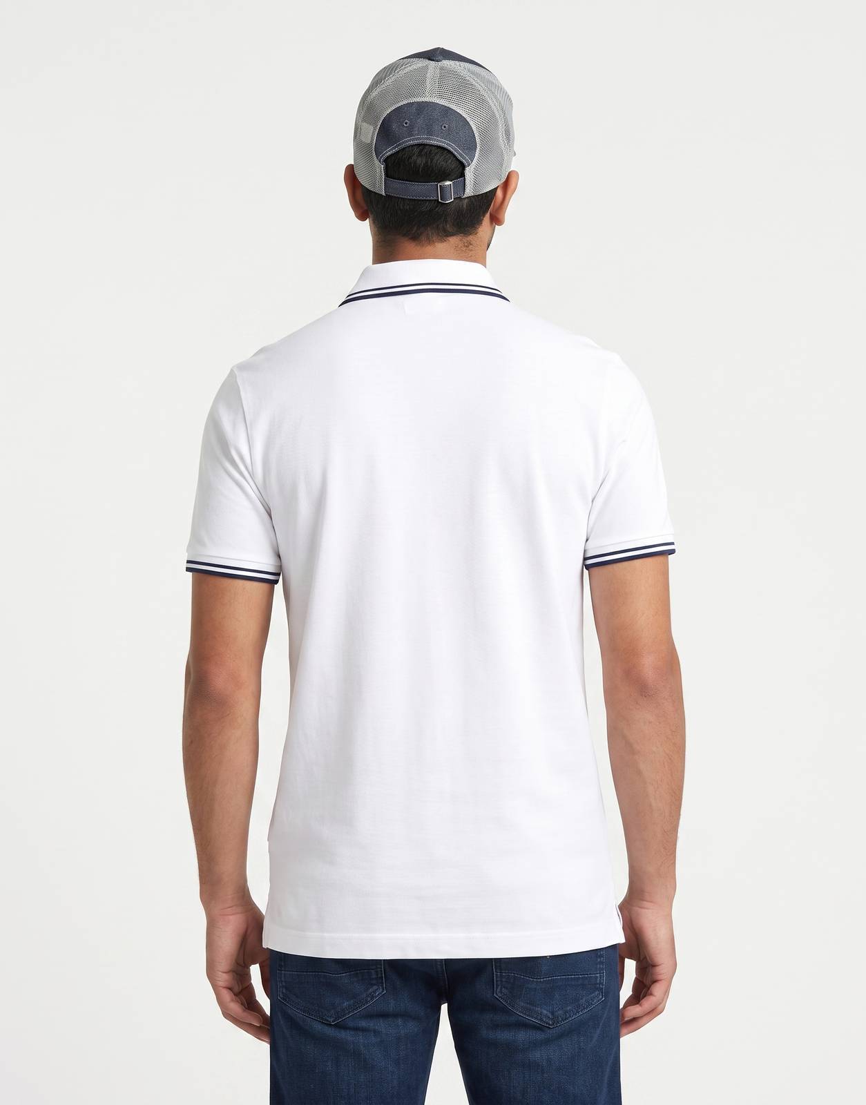 G-Star RAW Dunda Slim Stripe White Polo Shirt for men, viewed from the back, featuring short sleeves and navy blue tipping.