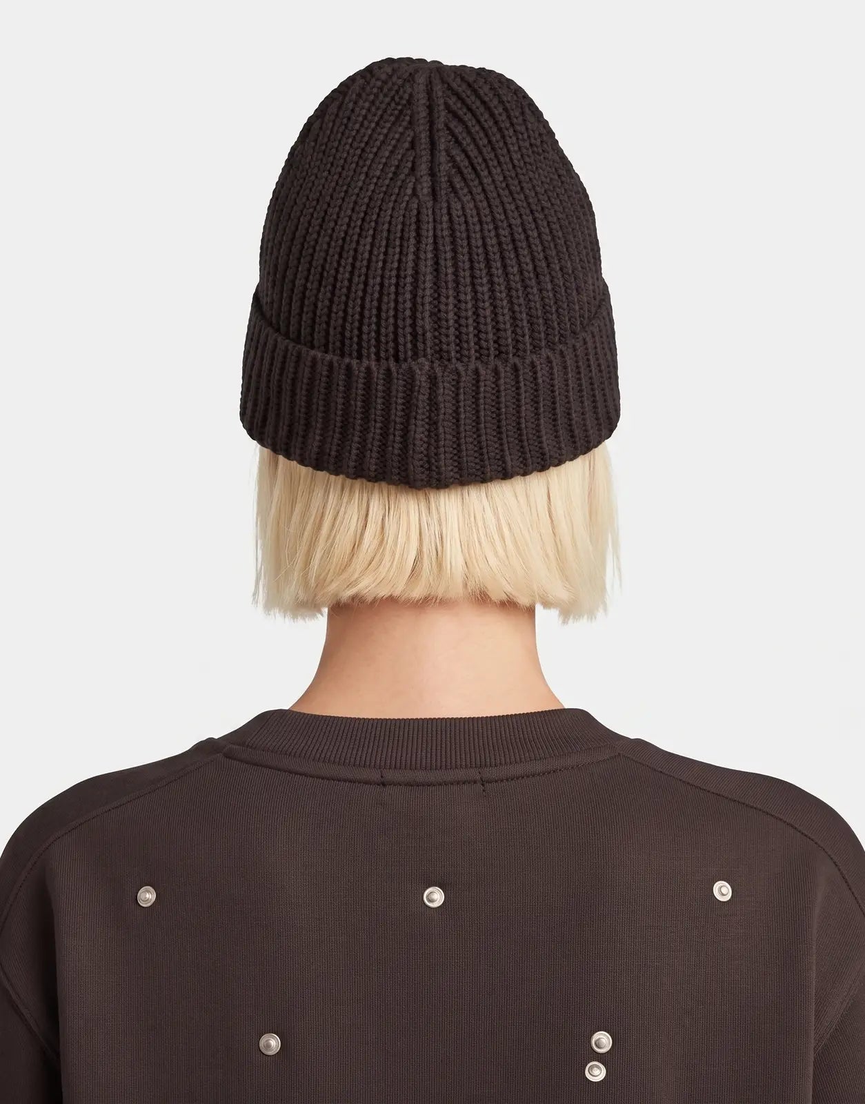 G-Star RAW Originals Fisherman Ganache Beanie in dark brown rib-knit with folded cuff, back view.