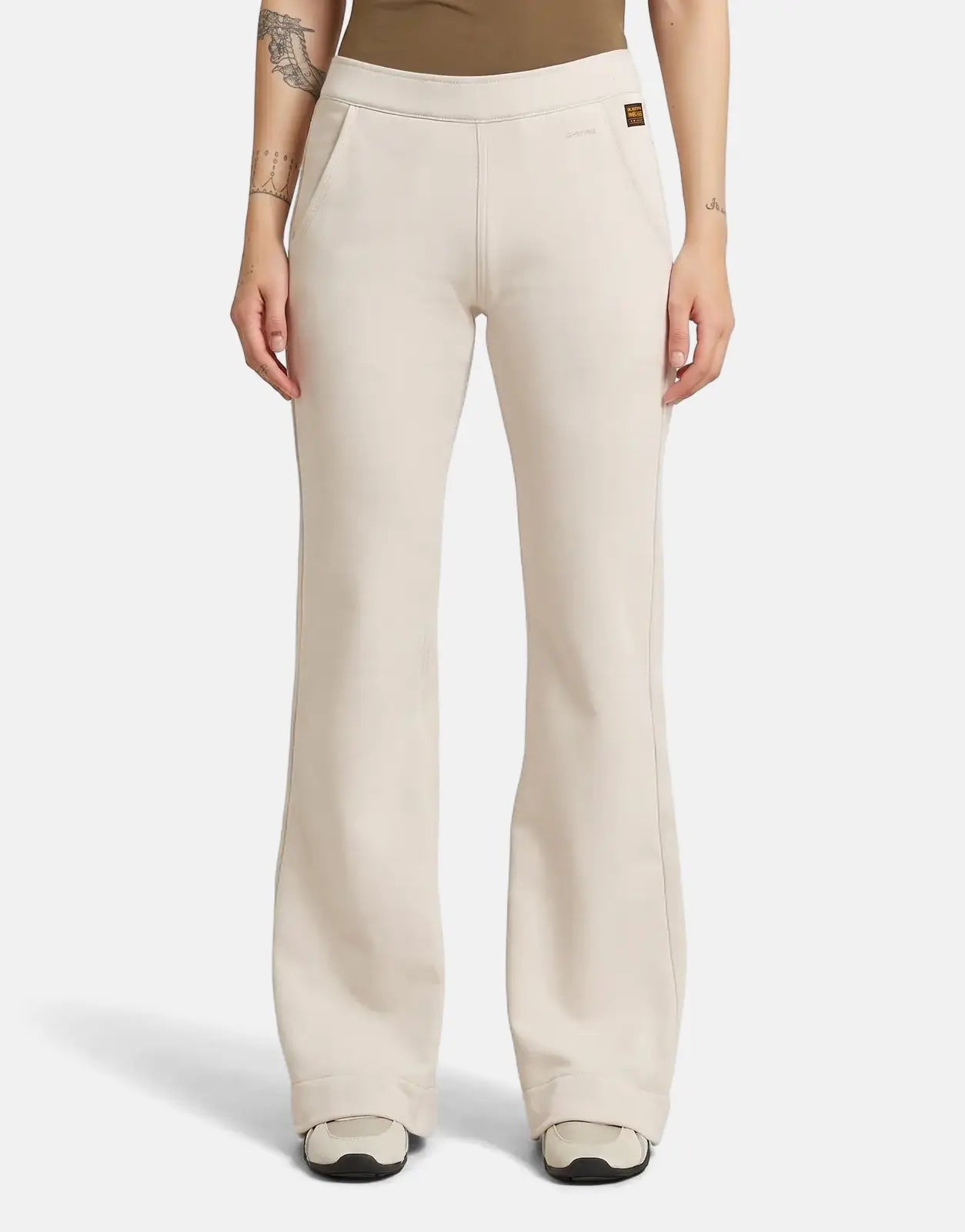 G-Star RAW Flared Whitebait Sweatpants on a model, front view, showcasing the relaxed fit and soft fabric.