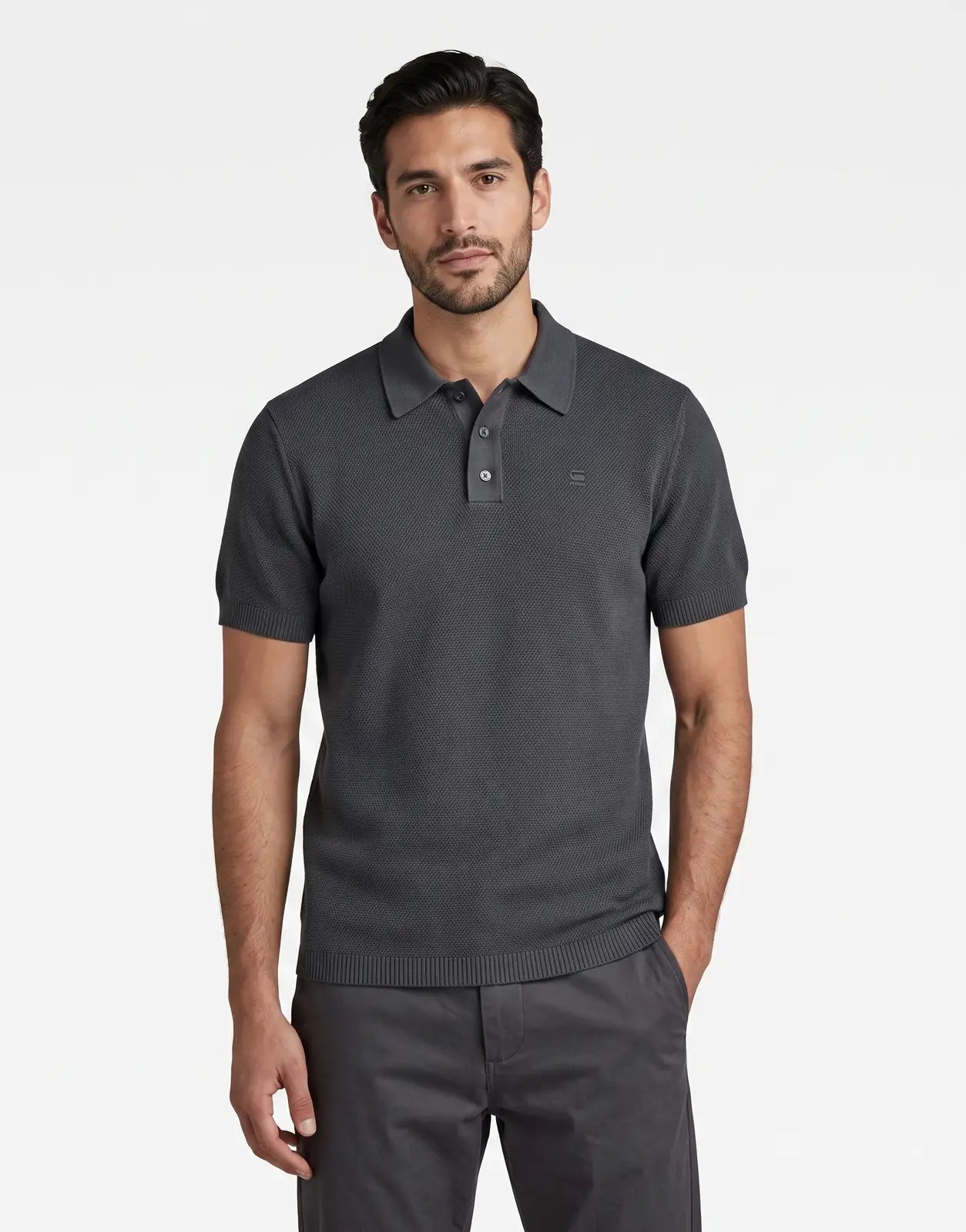 Dark gray G-Star RAW Knitted Shadow Polo Shirt for men with a textured knit pattern, short sleeves, and classic collar,