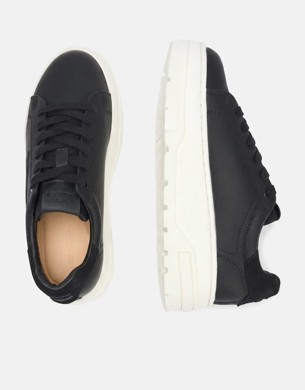 Pair of G-Star RAW Lhana VI BSC black sneakers with white chunky soles, shown from top-down and side views.