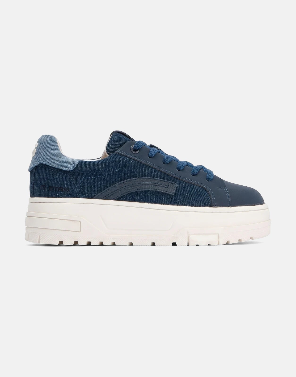 G-Star RAW Lhana VII Dark Navy sneakers, featuring a denim and leather upper and a chunky white platform sole, viewed from