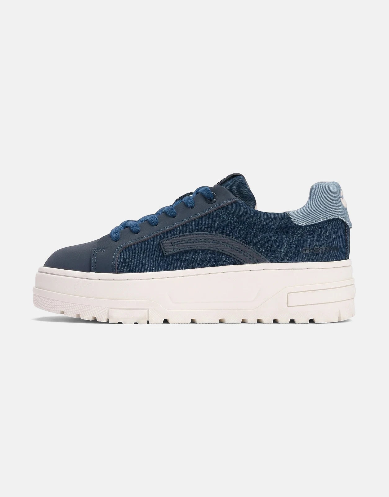 G-Star RAW Lhana VII Dark Navy Sneakers featuring a denim upper, blue laces, and a chunky white platform sole, displayed in