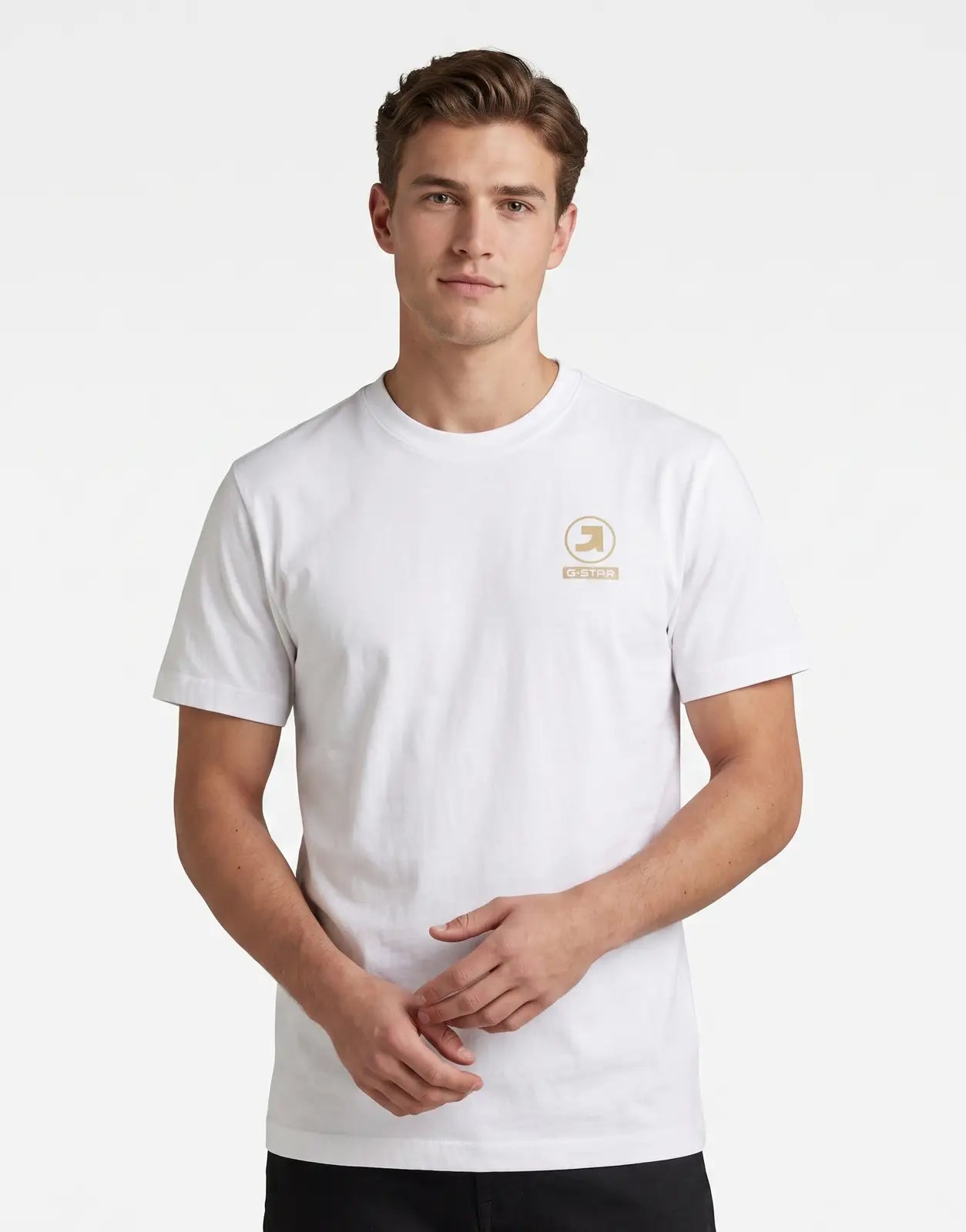 G-Star RAW Logo White T-Shirt for men, featuring a gold brand logo on the front chest and a classic crew neck design.
