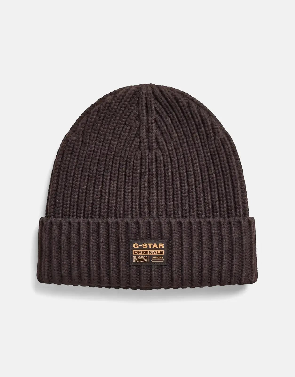Dark brown G-Star RAW Originals Fisherman beanie made from ribbed knit fabric, presented in a flat lay view.