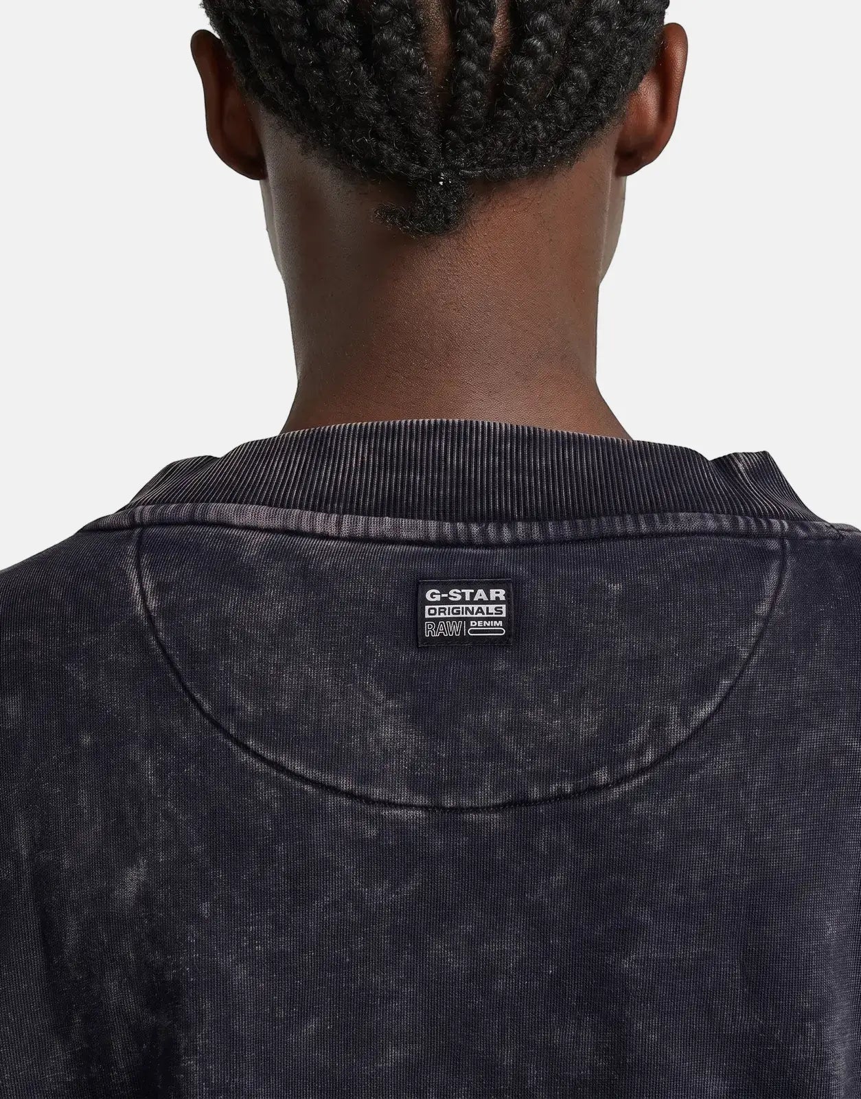 G-Star RAW Overdyed Cropped Logo Loose Sweatshirt in Osaka Blue, showcasing the distressed texture and ribbed collar from