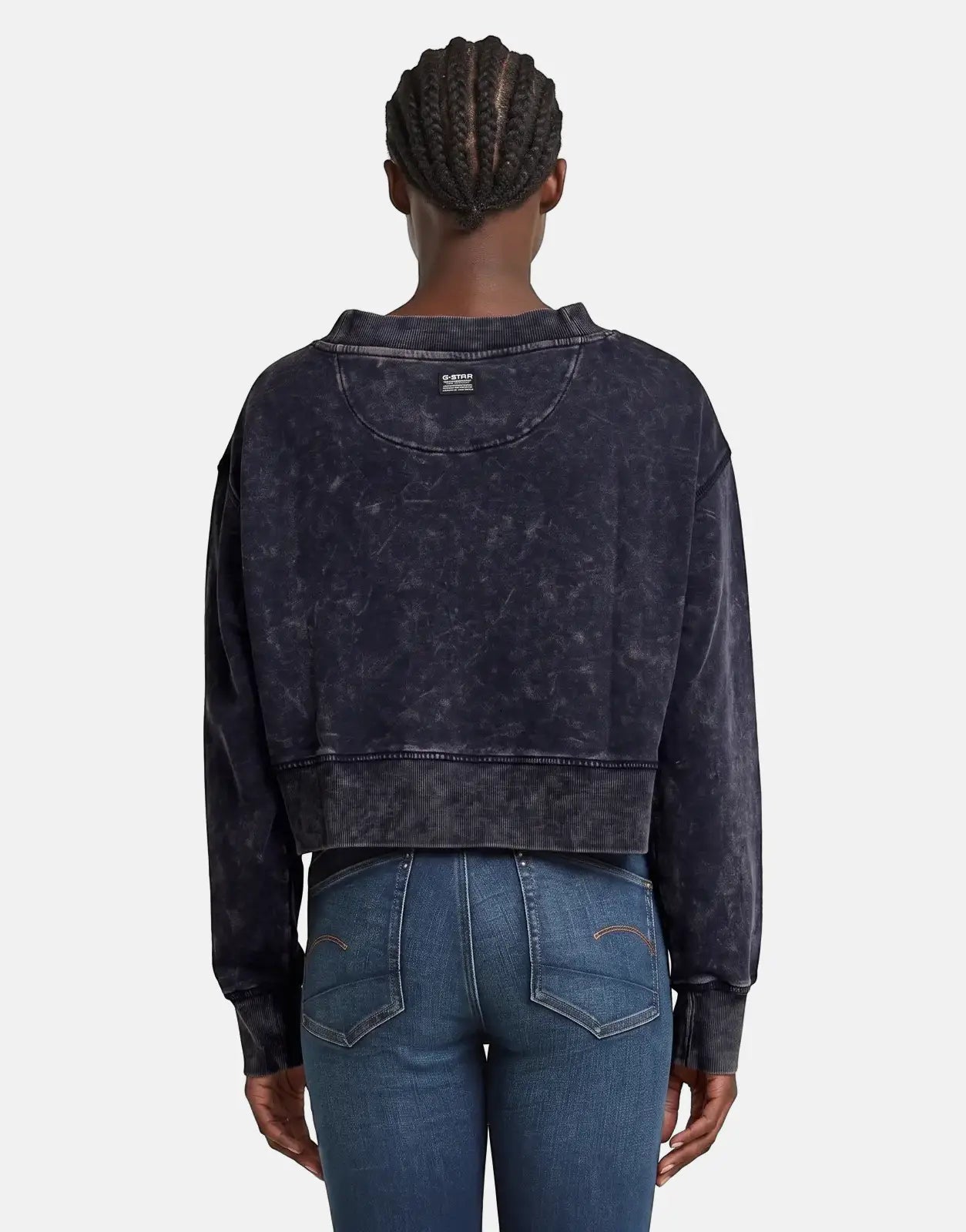 Dark blue G-Star RAW Overdyed Cropped Logo Loose sweatshirt on a model, viewed from the back, showing textured fabric.