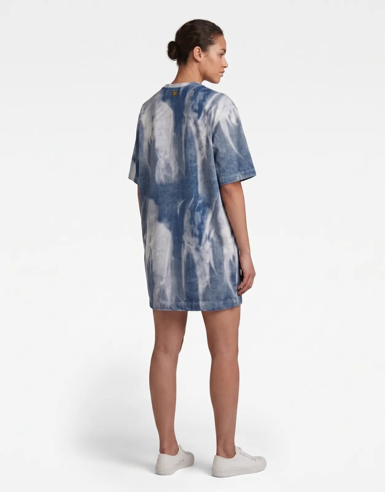 G-Star RAW Printed Loose Denim Flame Dress for women, featuring a blue and white tie-dye pattern, shown from the back.