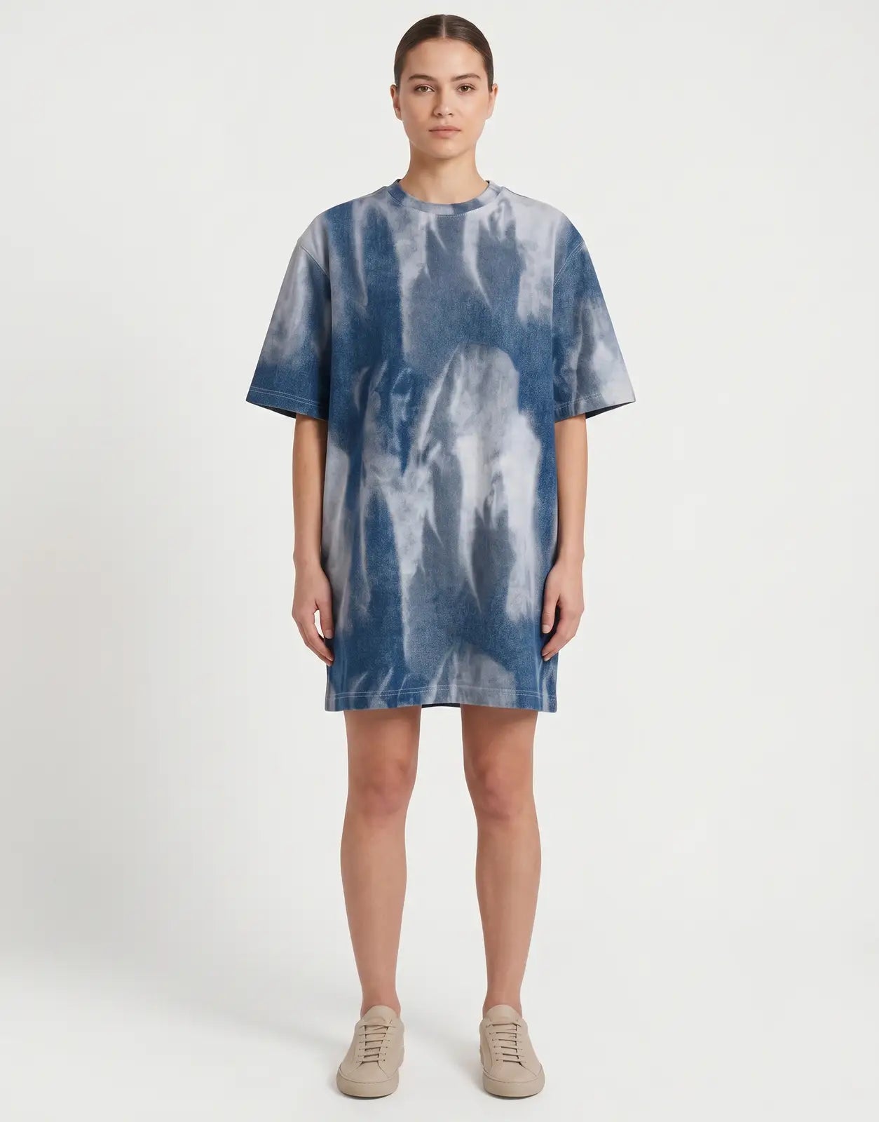 A G-Star RAW Printed Loose Denim Flame Dress in a distinctive blue and white tie-dye pattern, featuring a relaxed fit and