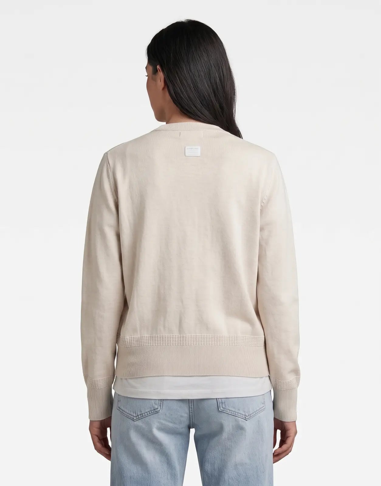 G-Star RAW R Knit Cardigan in whitebait color, shown from the back on a model, featuring ribbed details.