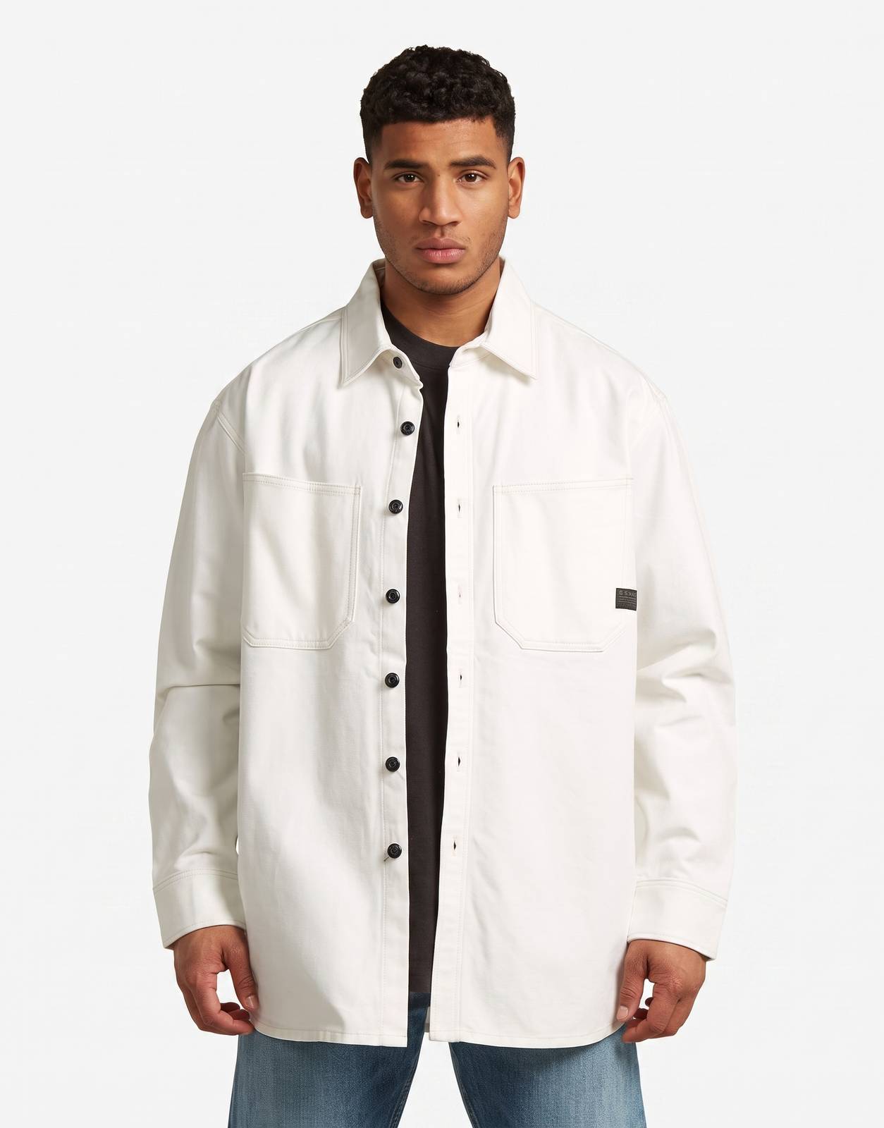 G-Star RAW Relaxed 2-pkt Shirt in ecru, featuring a relaxed fit, long sleeves, black buttons, and two chest pockets.