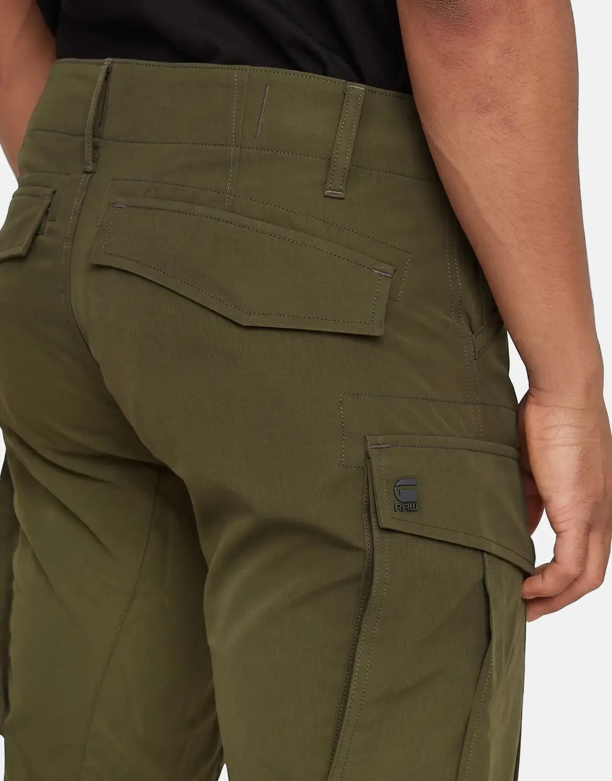 G-Star RAW Rovic Zip 3D Regular Tapered Shadow Olive cargo pants, detailed close-up from the back showcasing flap pockets