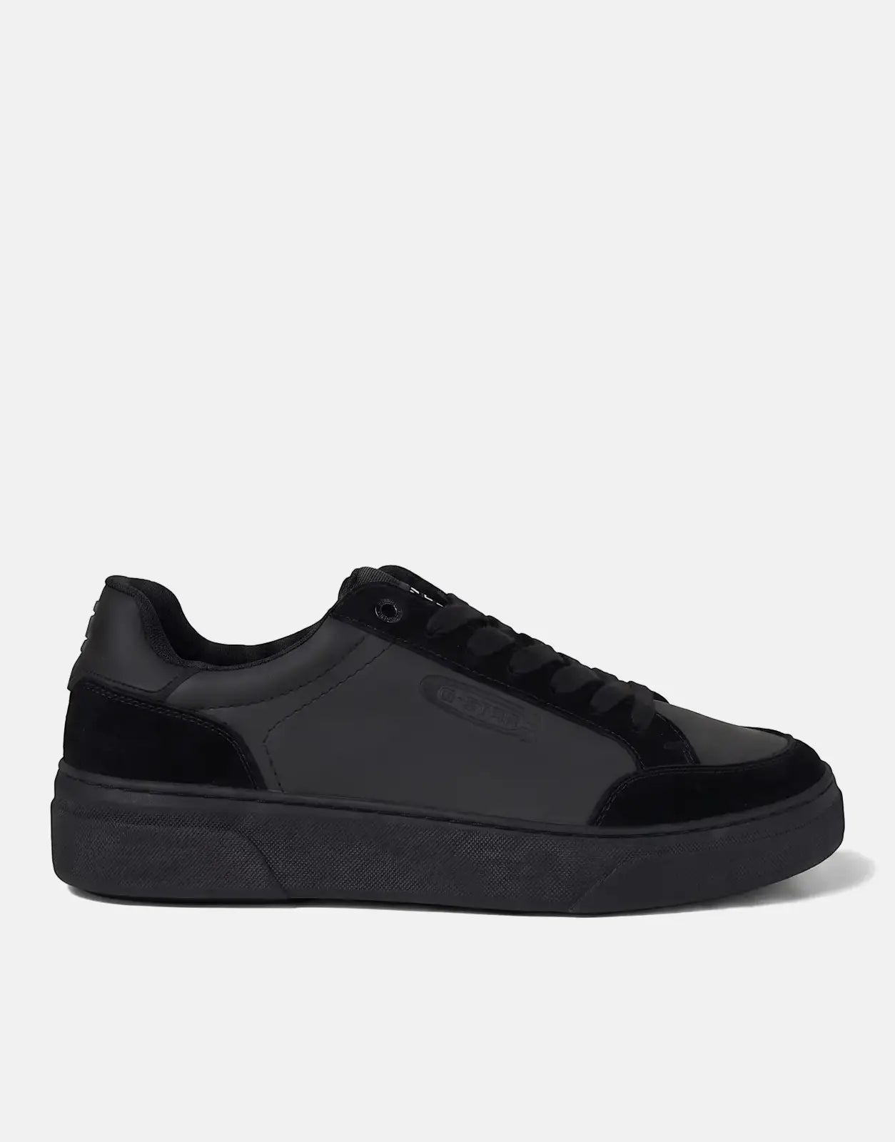 G-Star RAW Straker Nub Sneaker in black, a low-top design with textured panels and a thick sole, shown from a side view.