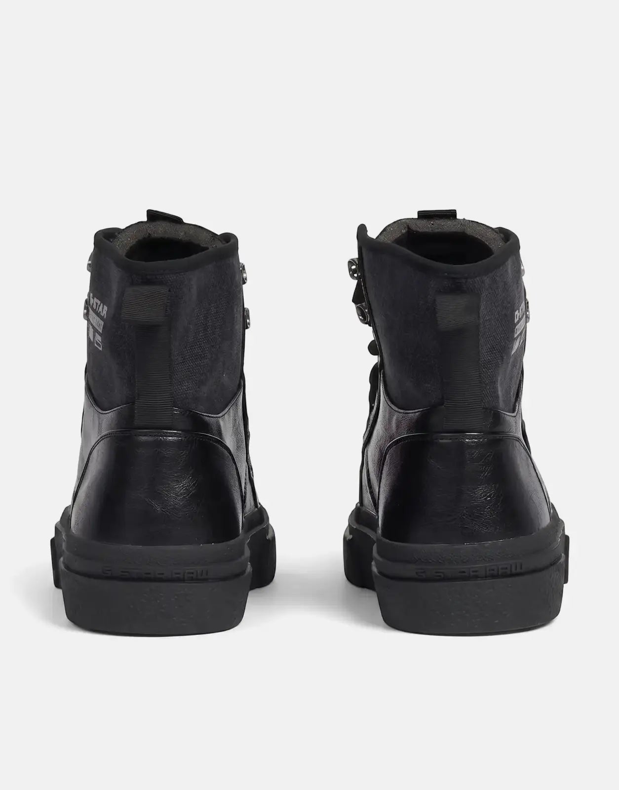 Rear view of black G-Star RAW Vodan high-top sneakers, featuring canvas and leather details.