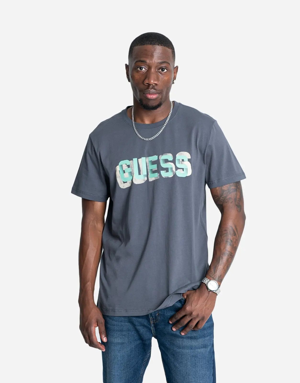 Guess Crew Neck Guess Logo Dark Grey T-Shirt - Subwear