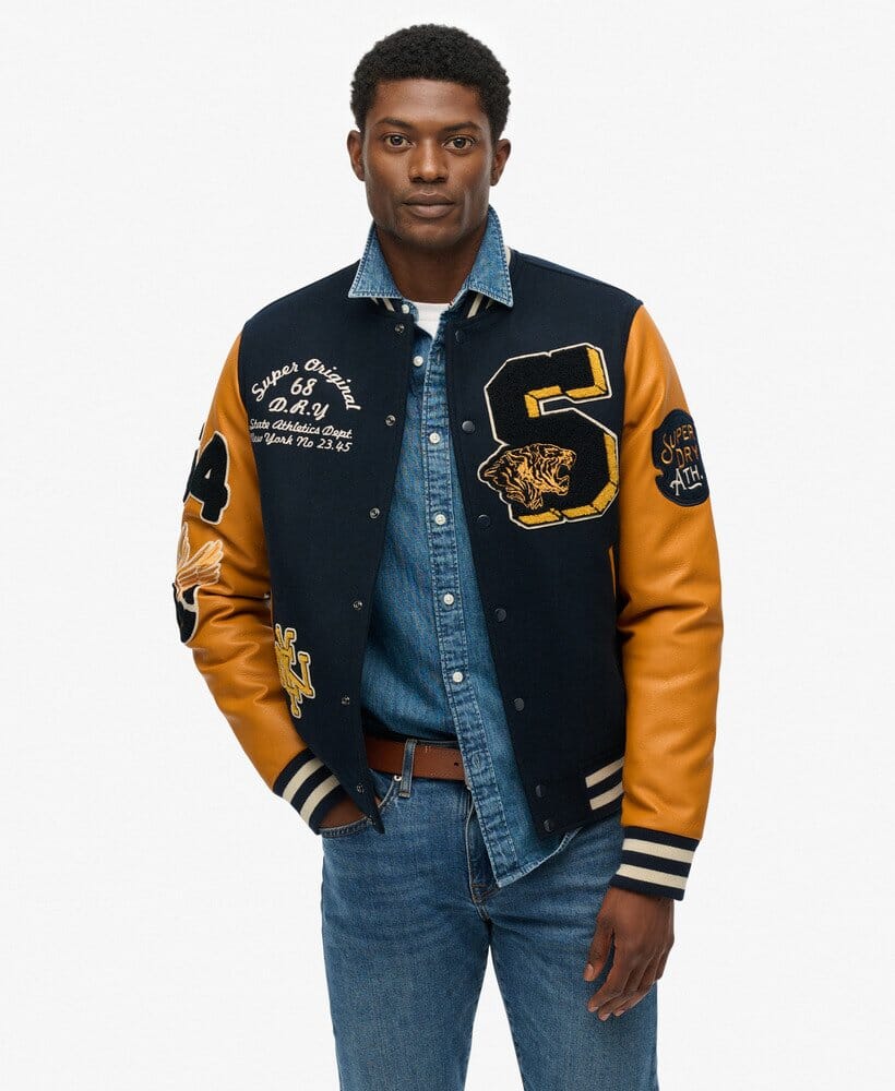Superdry Vintage Patched Varsity Eclipse Navy/Mustard Bomber Jacket - Subwear