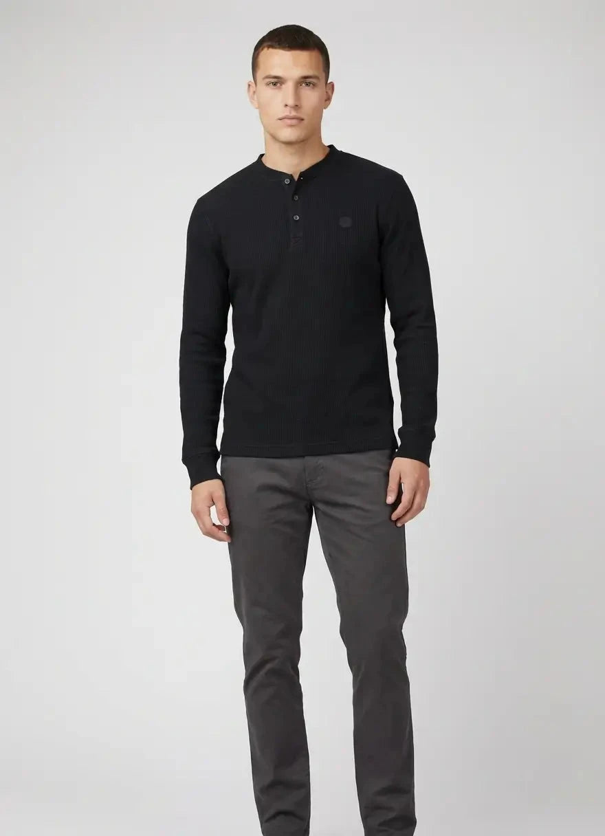 Ben Sherman Henley Waffle Knit Black Top - Subwear