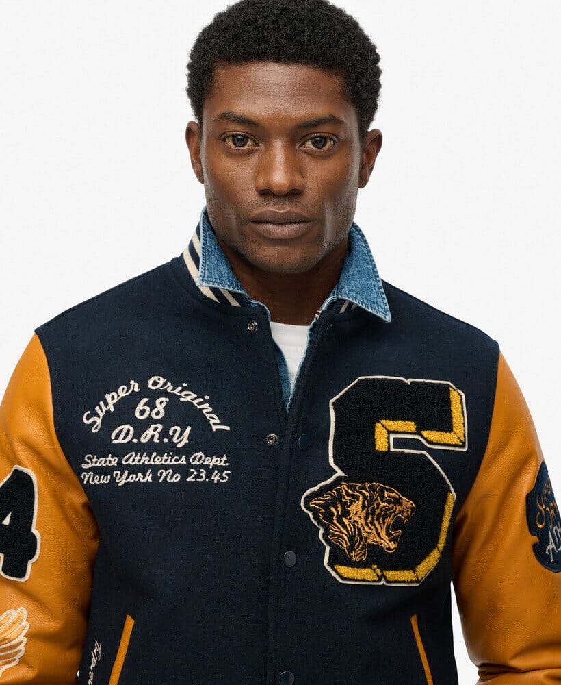 Superdry Vintage Patched Varsity Eclipse Navy/Mustard Bomber Jacket - Subwear