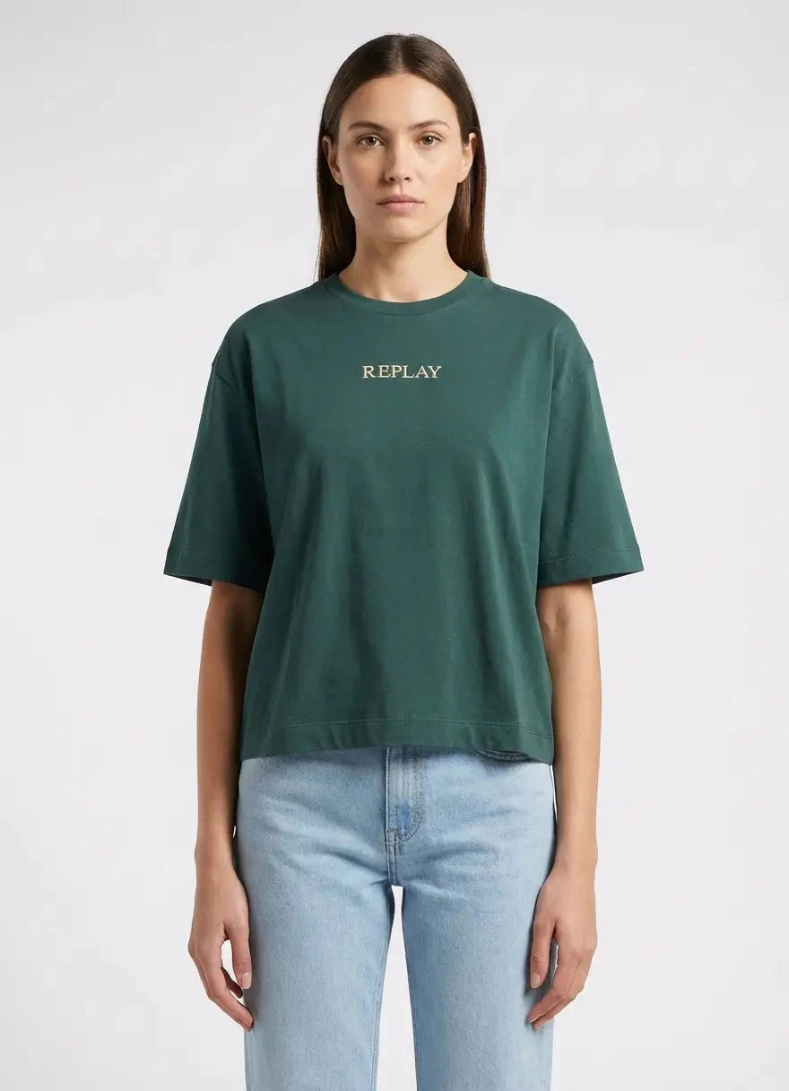 Replay Gold Trim Centre Logo Bottle Green T-Shirt - Subwear