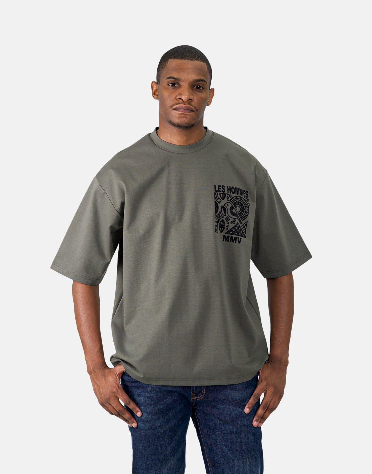 Les Hommes Flock Logo Mil Green T-Shirt - Subwear