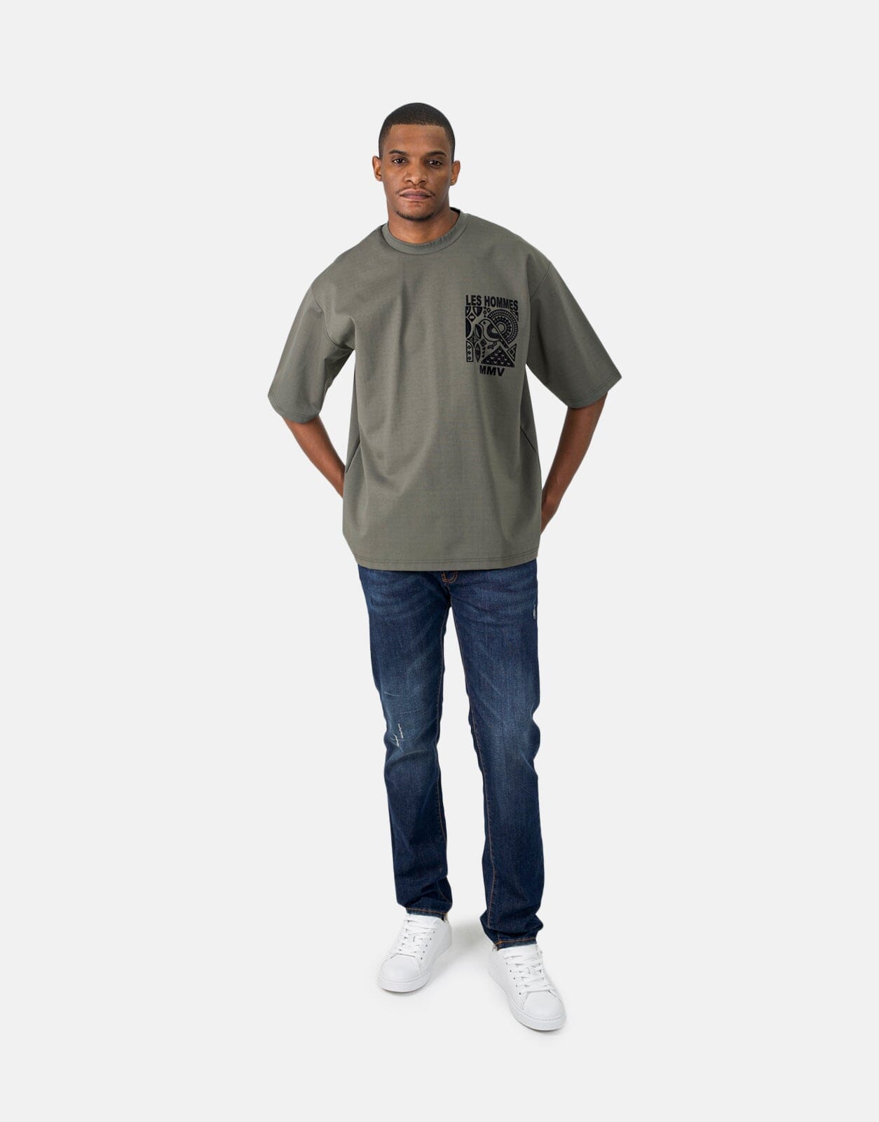 Les Hommes Flock Logo Mil Green T-Shirt - Subwear