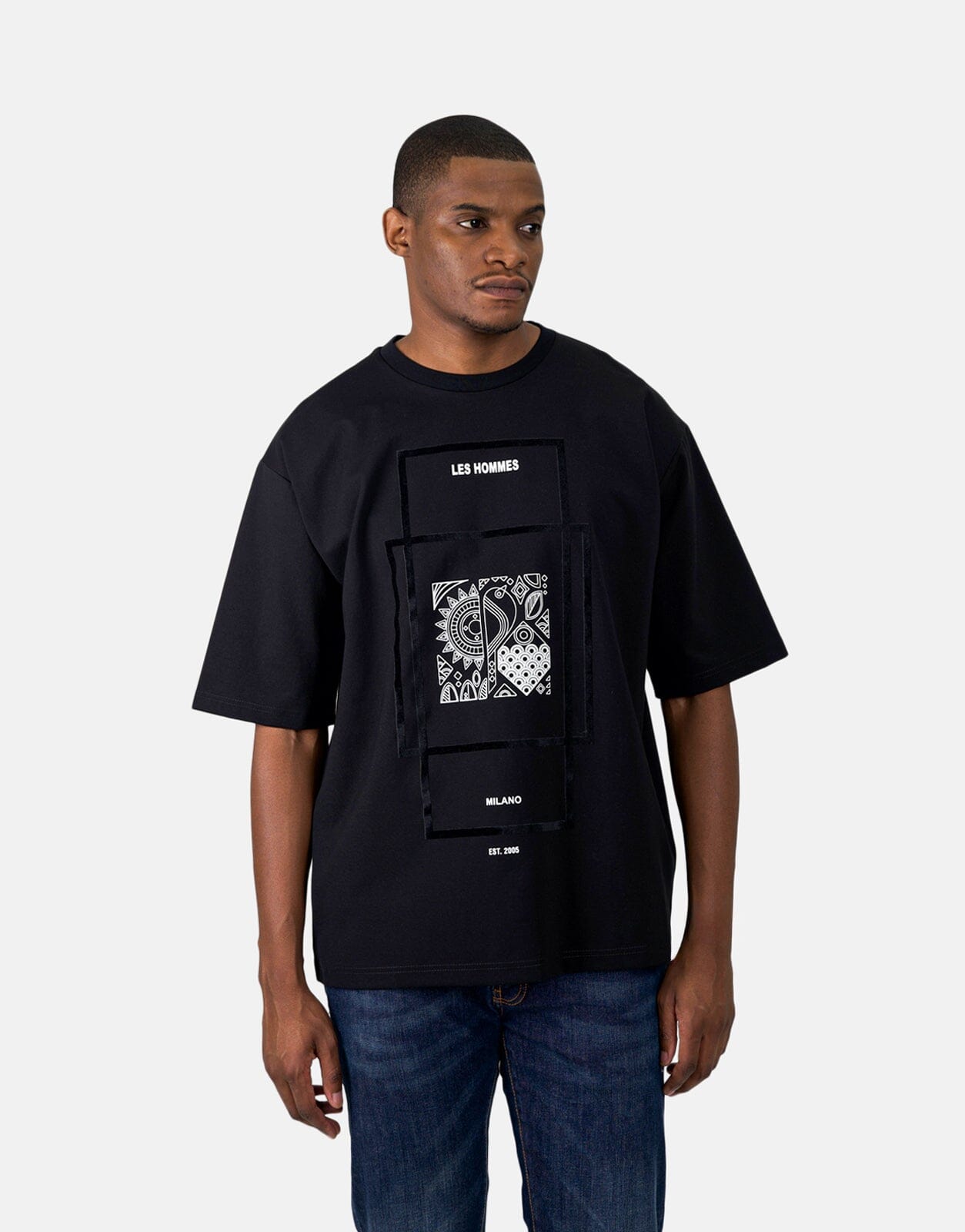 Les Hommes Flock Print Oversized Black T-Shirt - Subwear