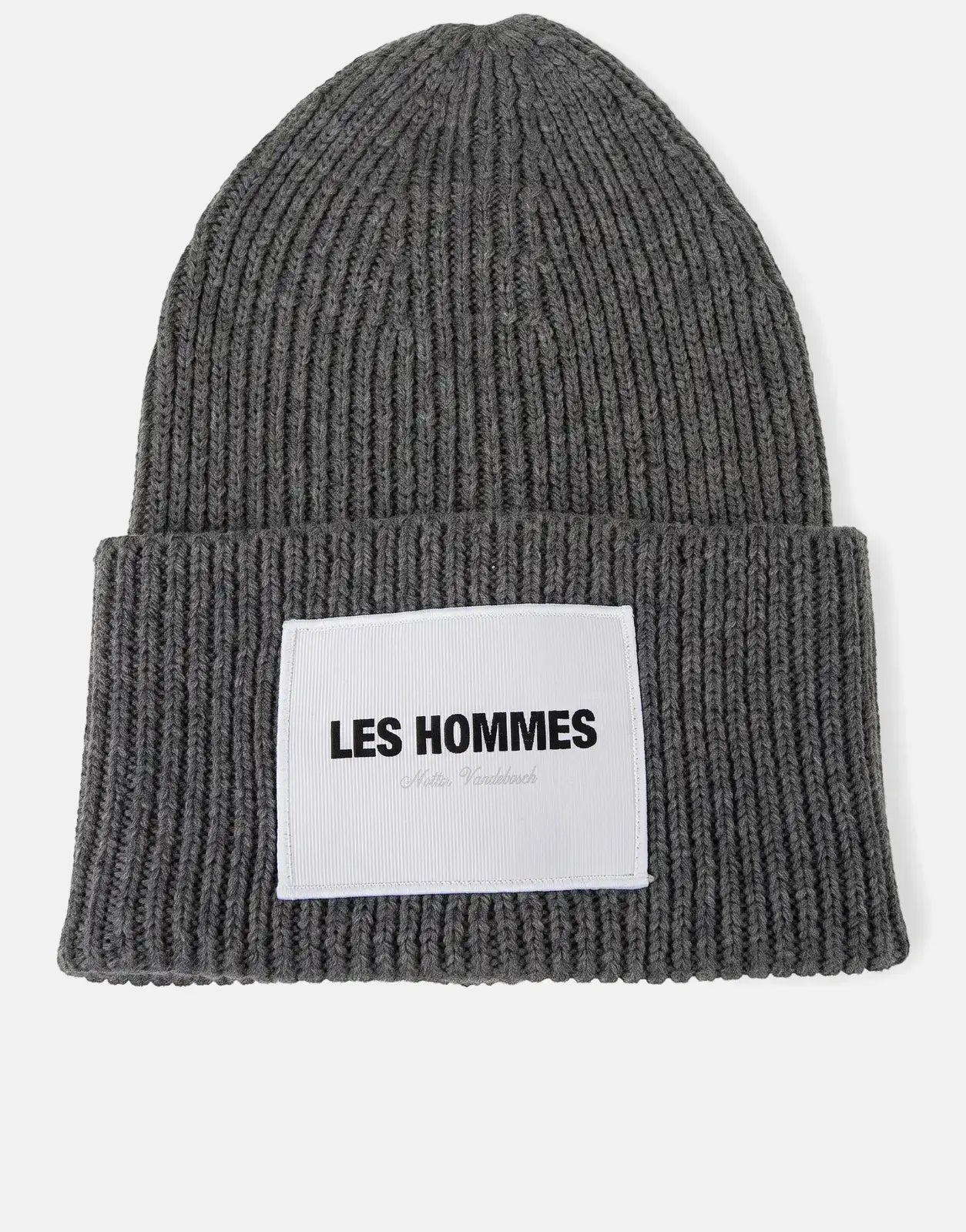 Les Hommes grey ribbed knit beanie with a white branded label, displayed in a flat-lay view.