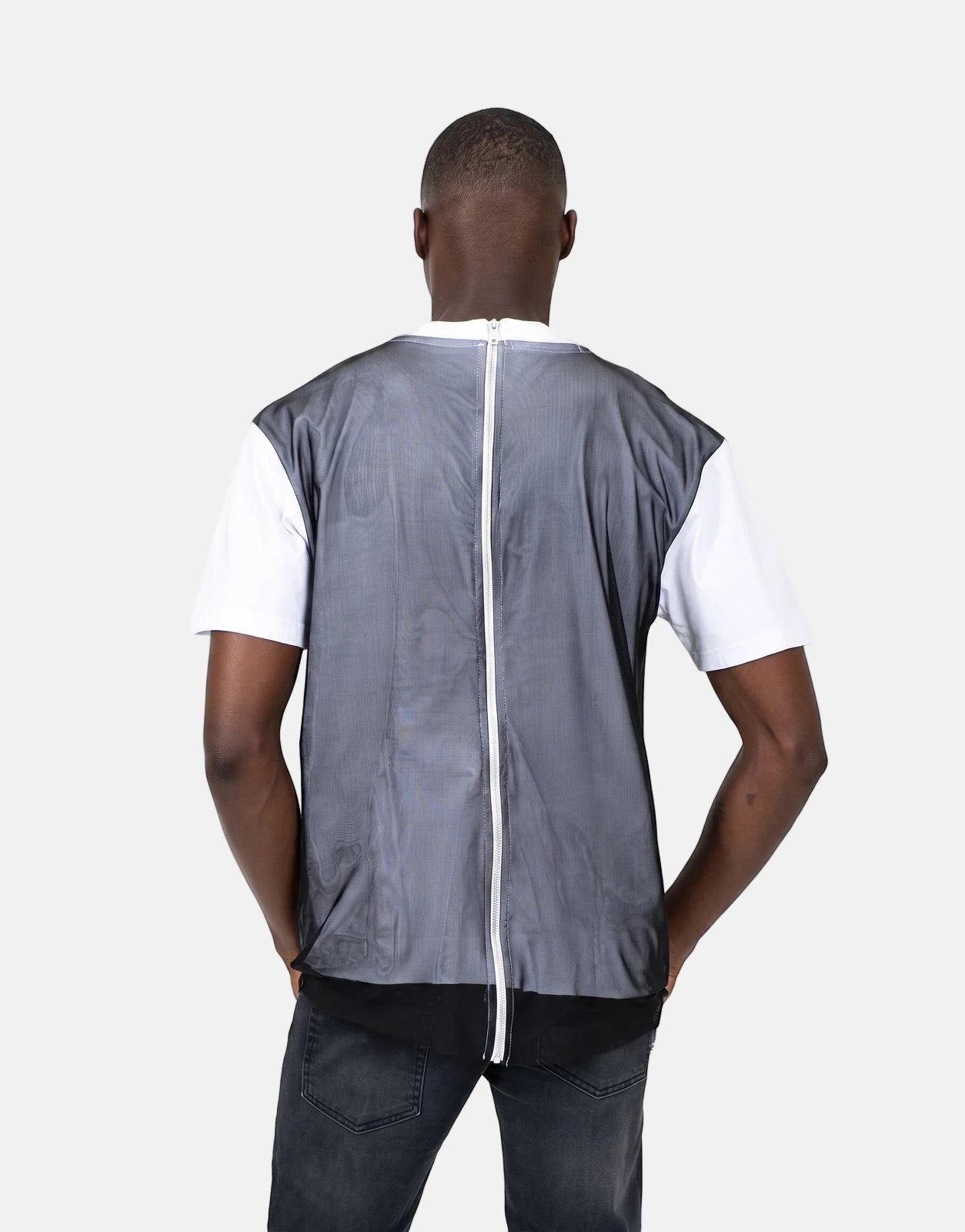 Les Hommes Tulle White T-shirt for men, shown from the back, featuring a sheer grey sleeveless overlay with a prominent